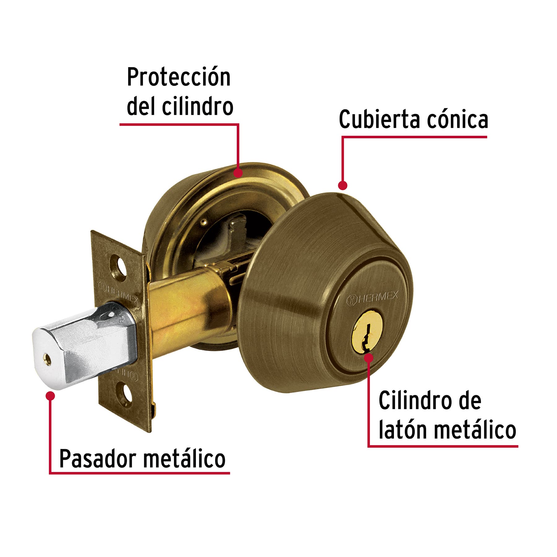 Cerrojo llave-llave latón antiguo, llave tradicional, HERMEX