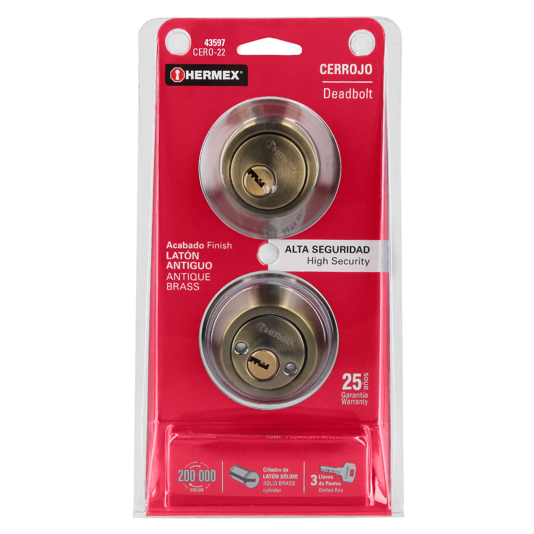 Cerrojo llave-llave latón antiguo, llave puntos, HERMEX