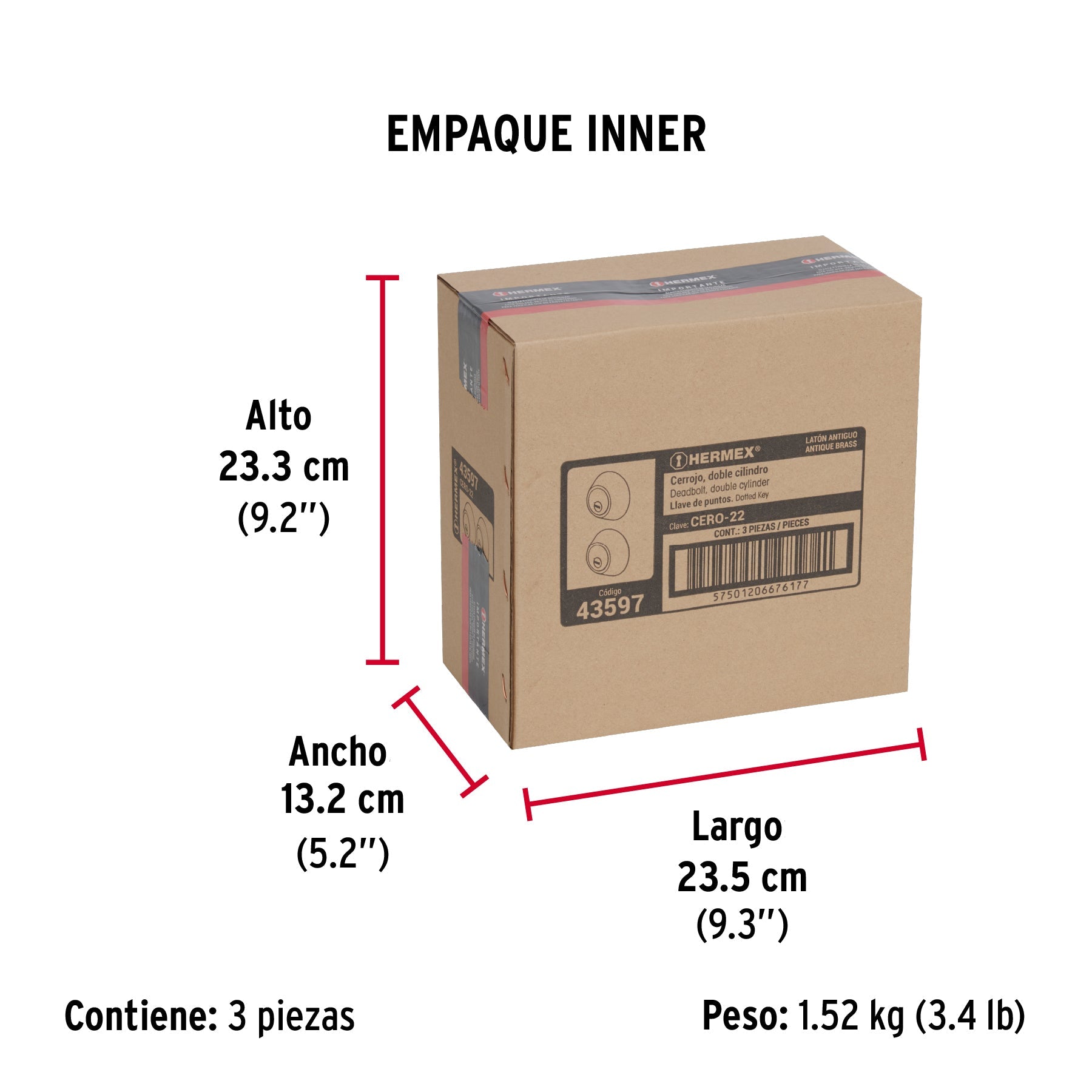 Cerrojo llave-llave latón antiguo, llave puntos, HERMEX - Empaque