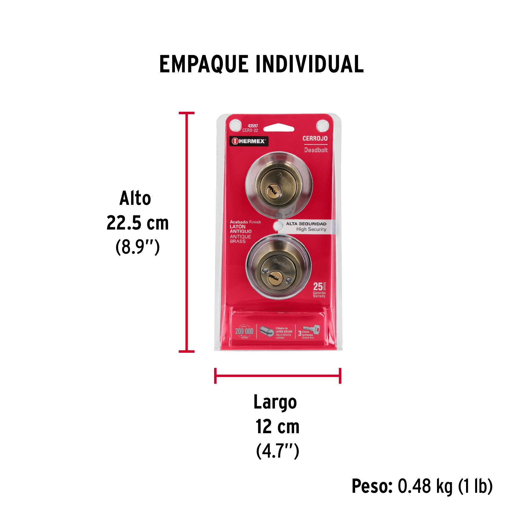 Cerrojo llave-llave latón antiguo, llave puntos, HERMEX - Empaque