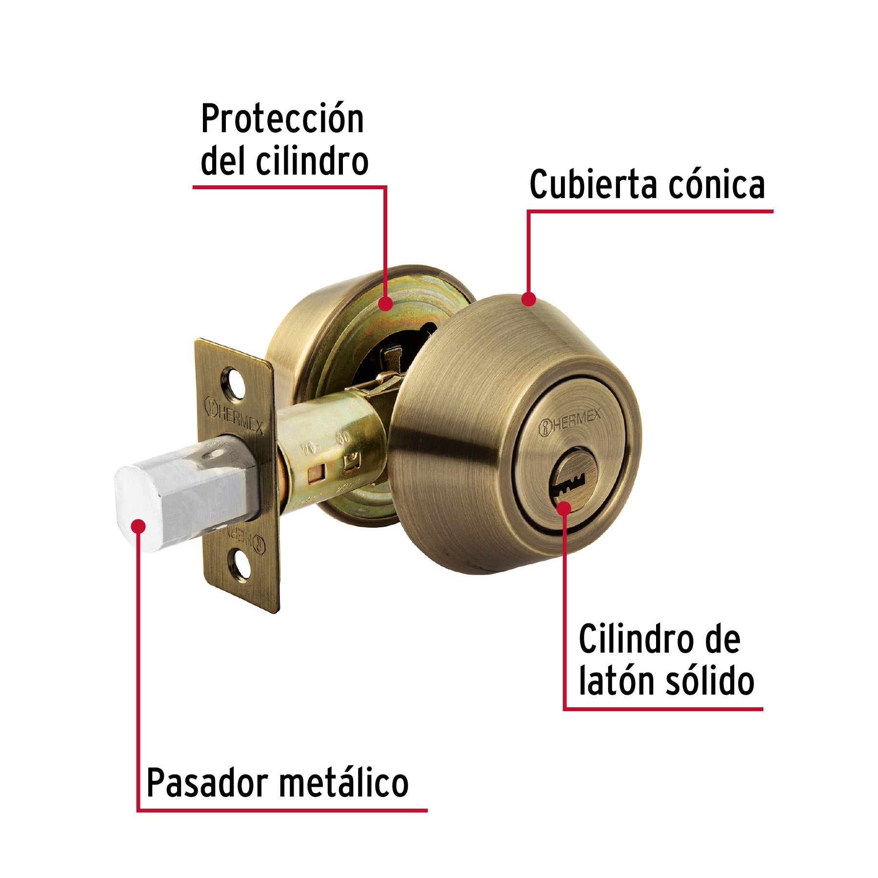 Cerrojo llave-llave latón antiguo, llave puntos, HERMEX