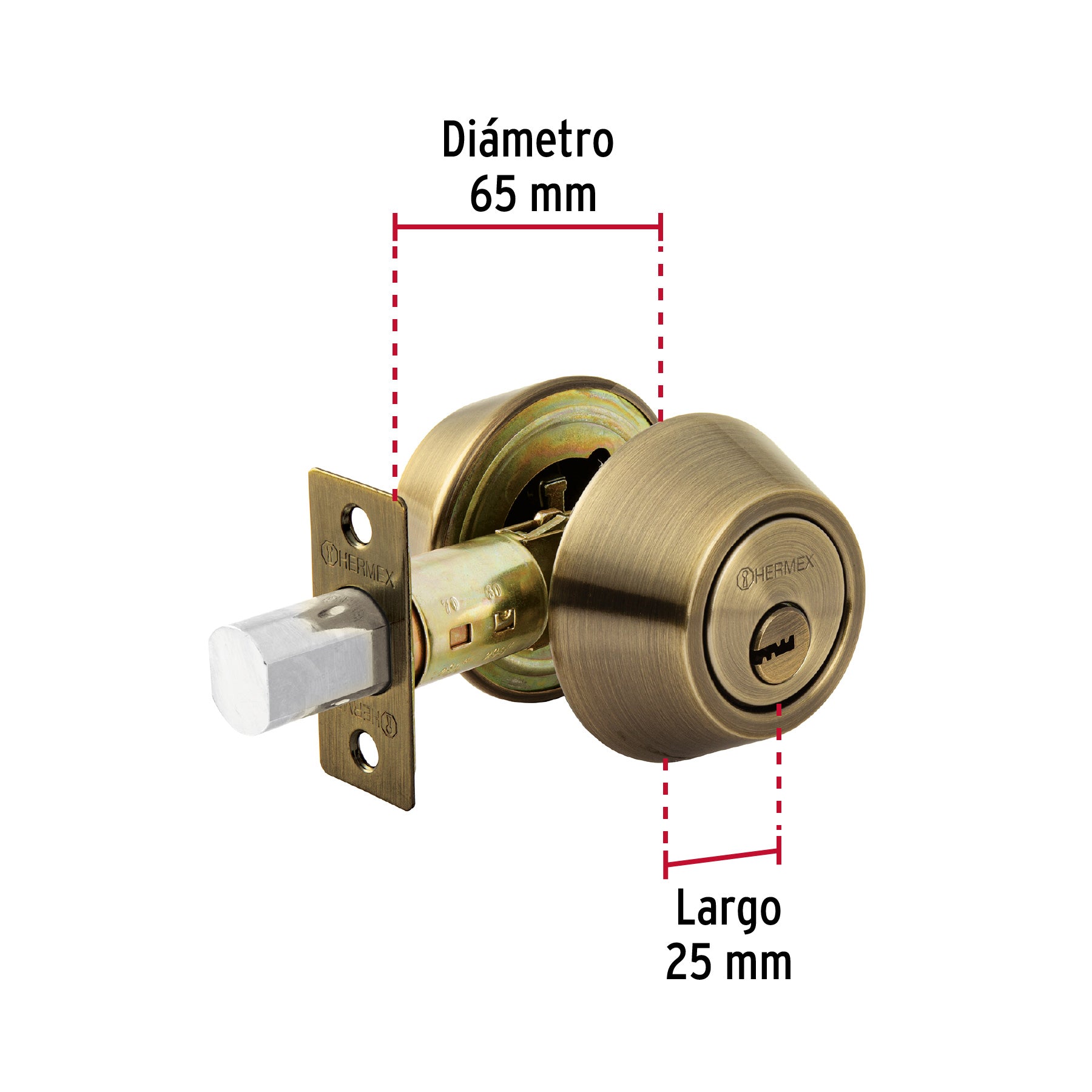 Cerrojo llave-llave latón antiguo, llave puntos, HERMEX
