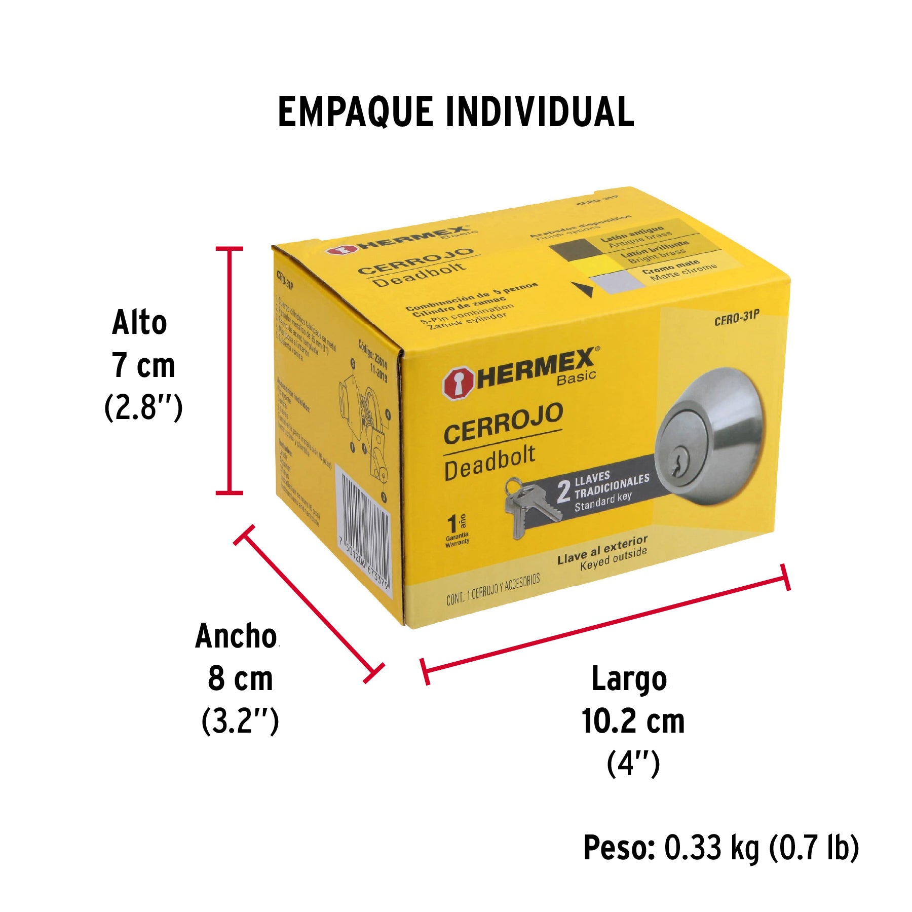 Cerrojo llave-mariposa cromo mate, llave tradicional, HERMEX - Empaque