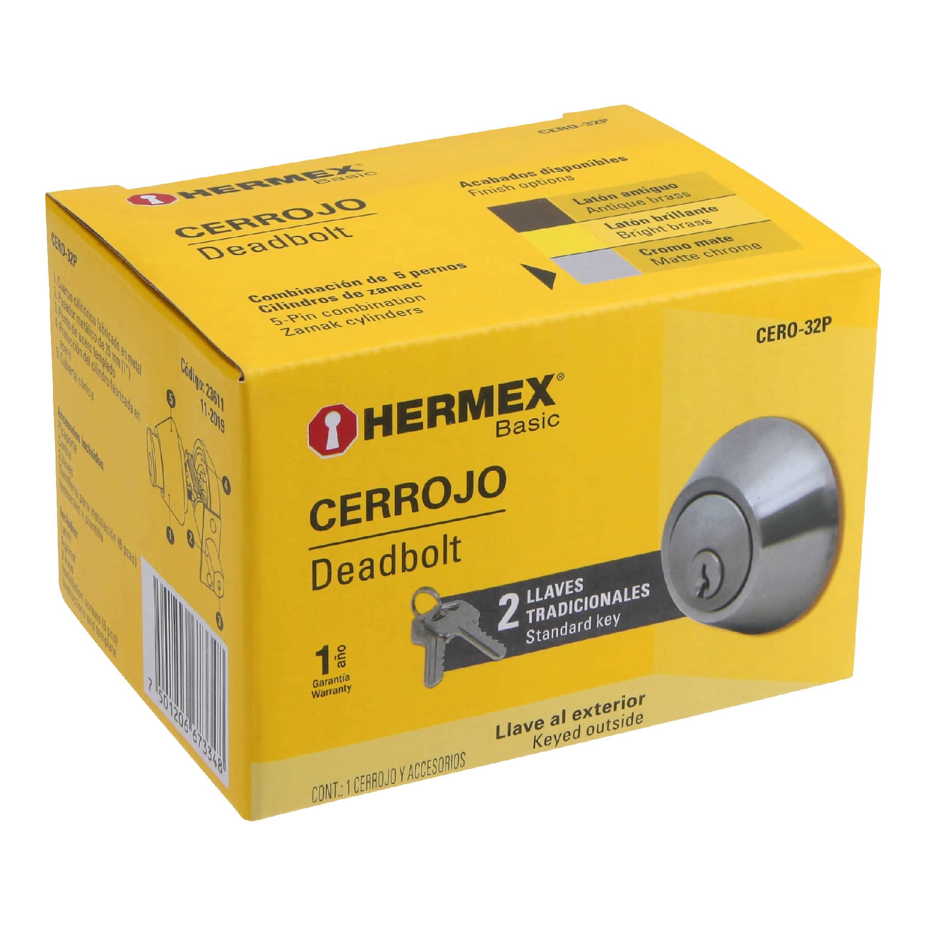 Cerrojo llave-llave cromo mate, llave tradicional, HERMEX