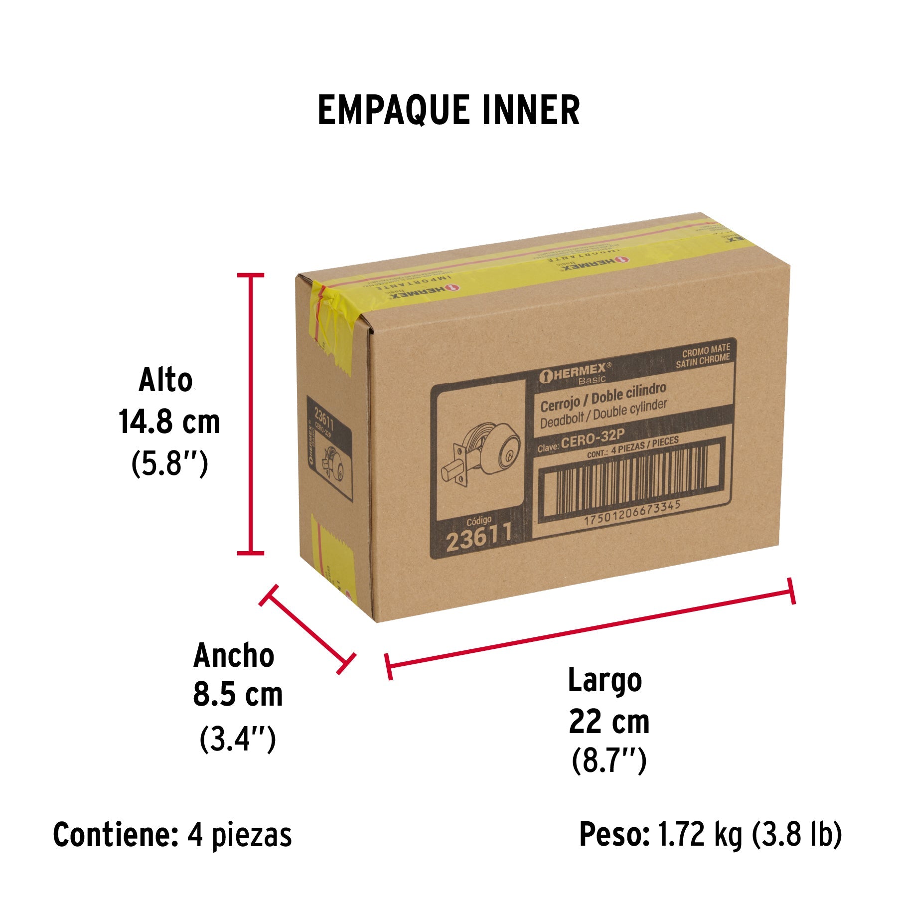 Cerrojo llave-llave cromo mate, llave tradicional, HERMEX - Empaque