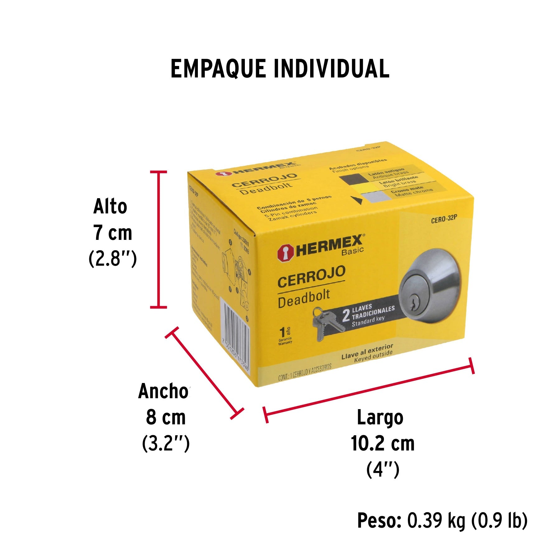 Cerrojo llave-llave cromo mate, llave tradicional, HERMEX - Empaque