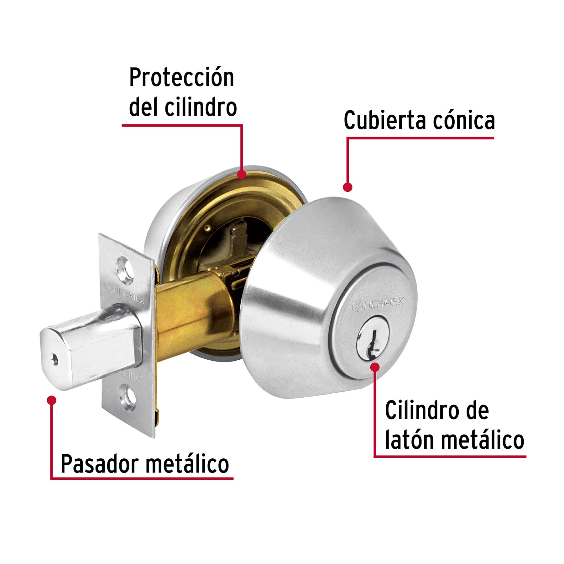 Cerrojo llave-llave cromo mate, llave tradicional, HERMEX