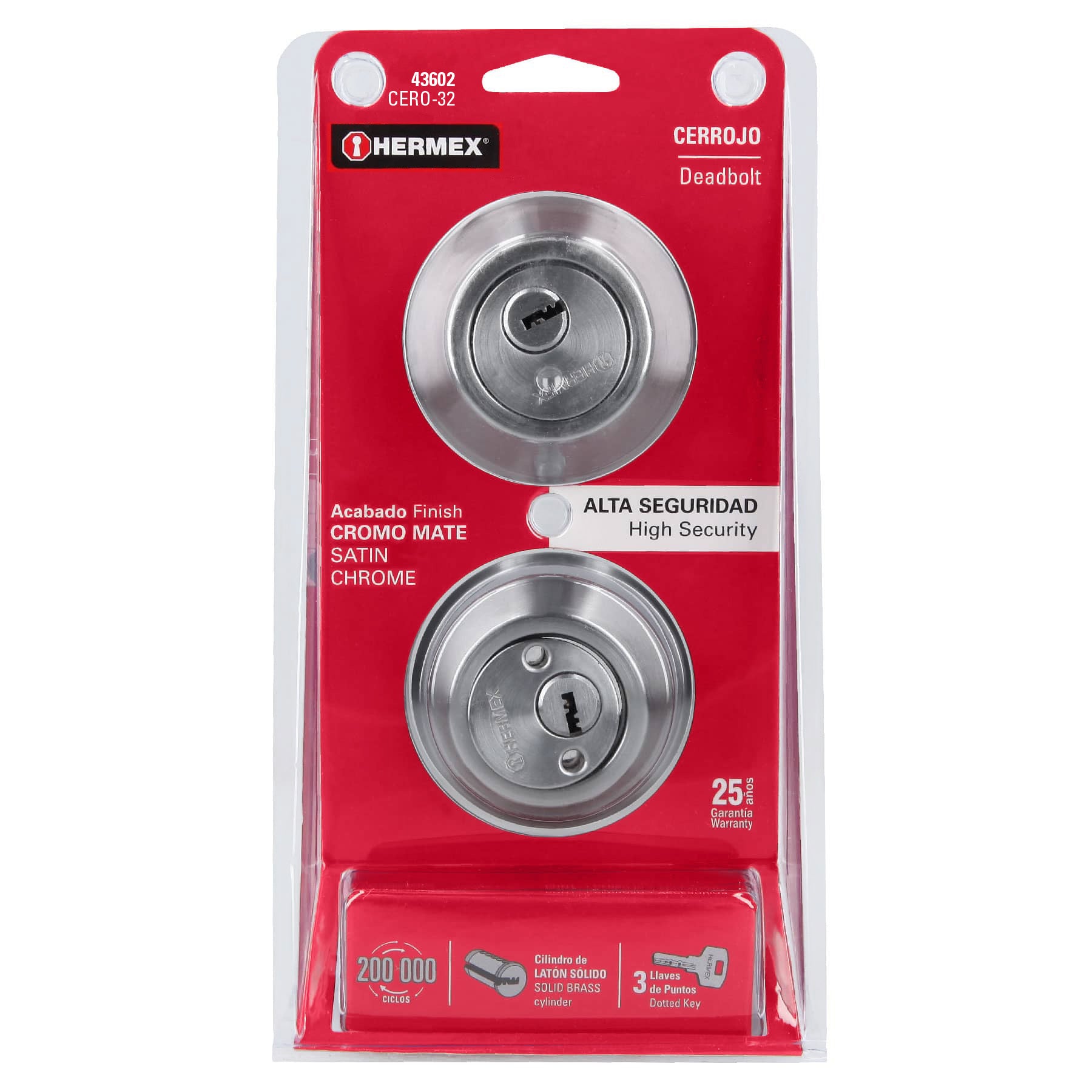 Cerrojo llave-llave cromo mate, llave puntos, HERMEX