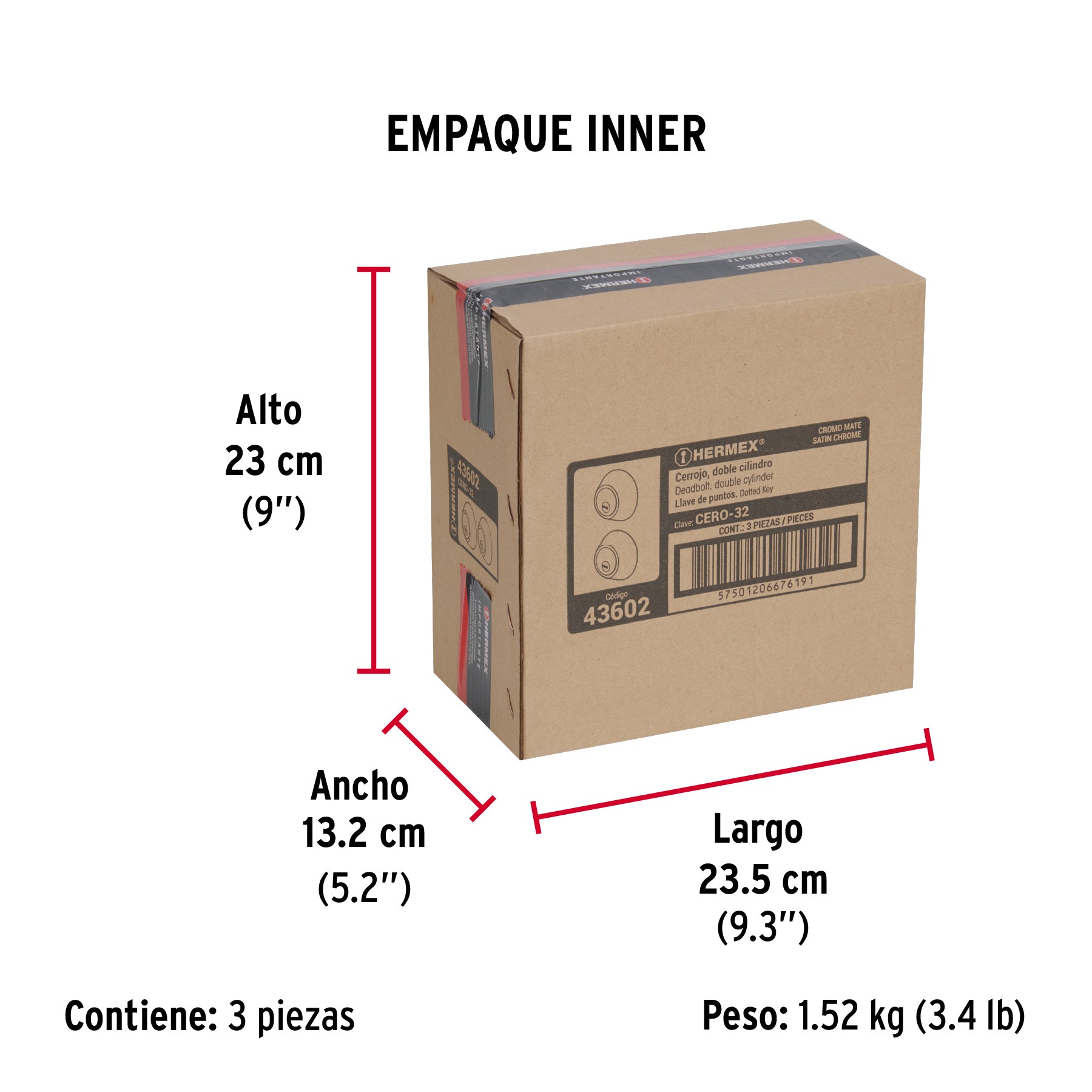 Cerrojo llave-llave cromo mate, llave puntos, HERMEX - Empaque
