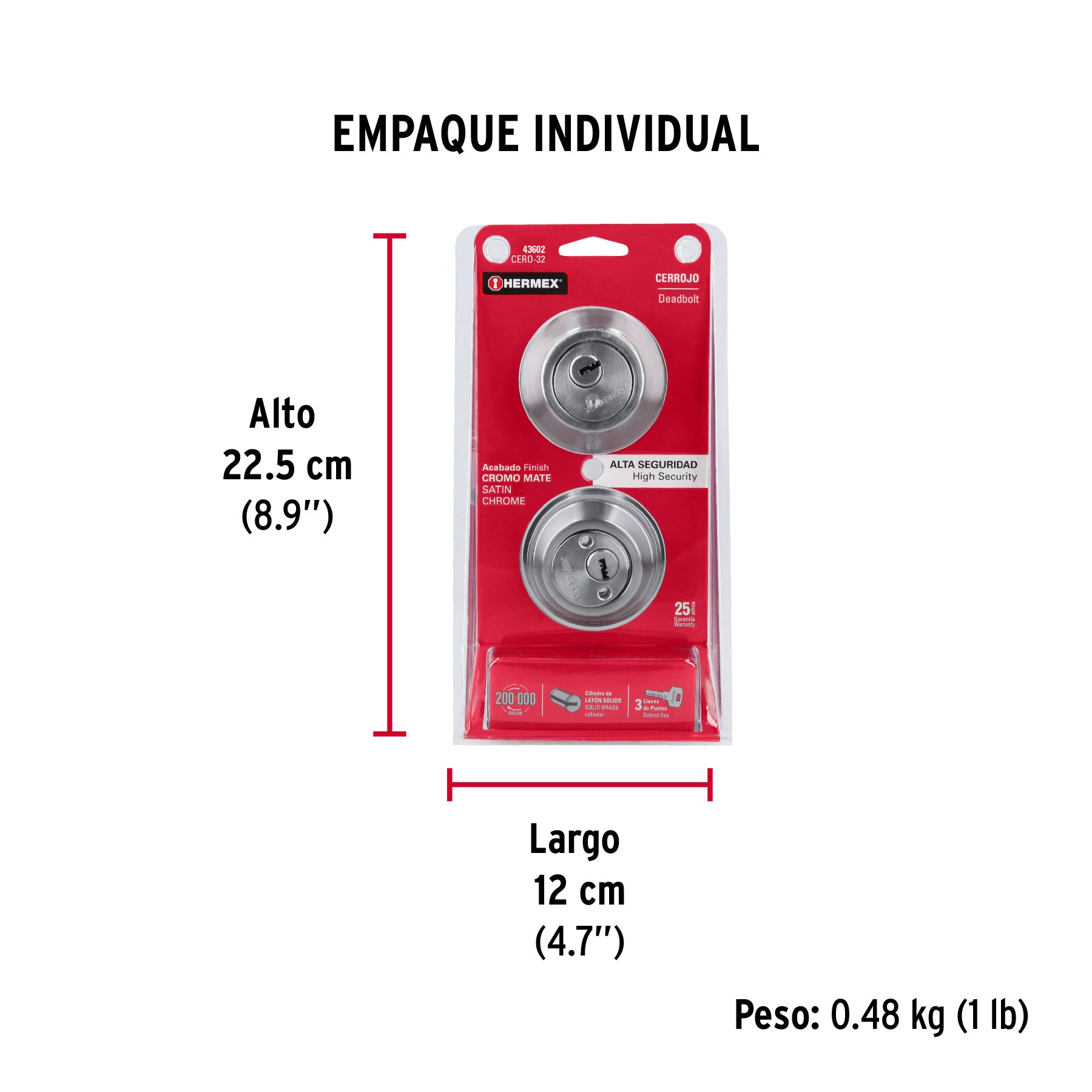 Cerrojo llave-llave cromo mate, llave puntos, HERMEX - Empaque