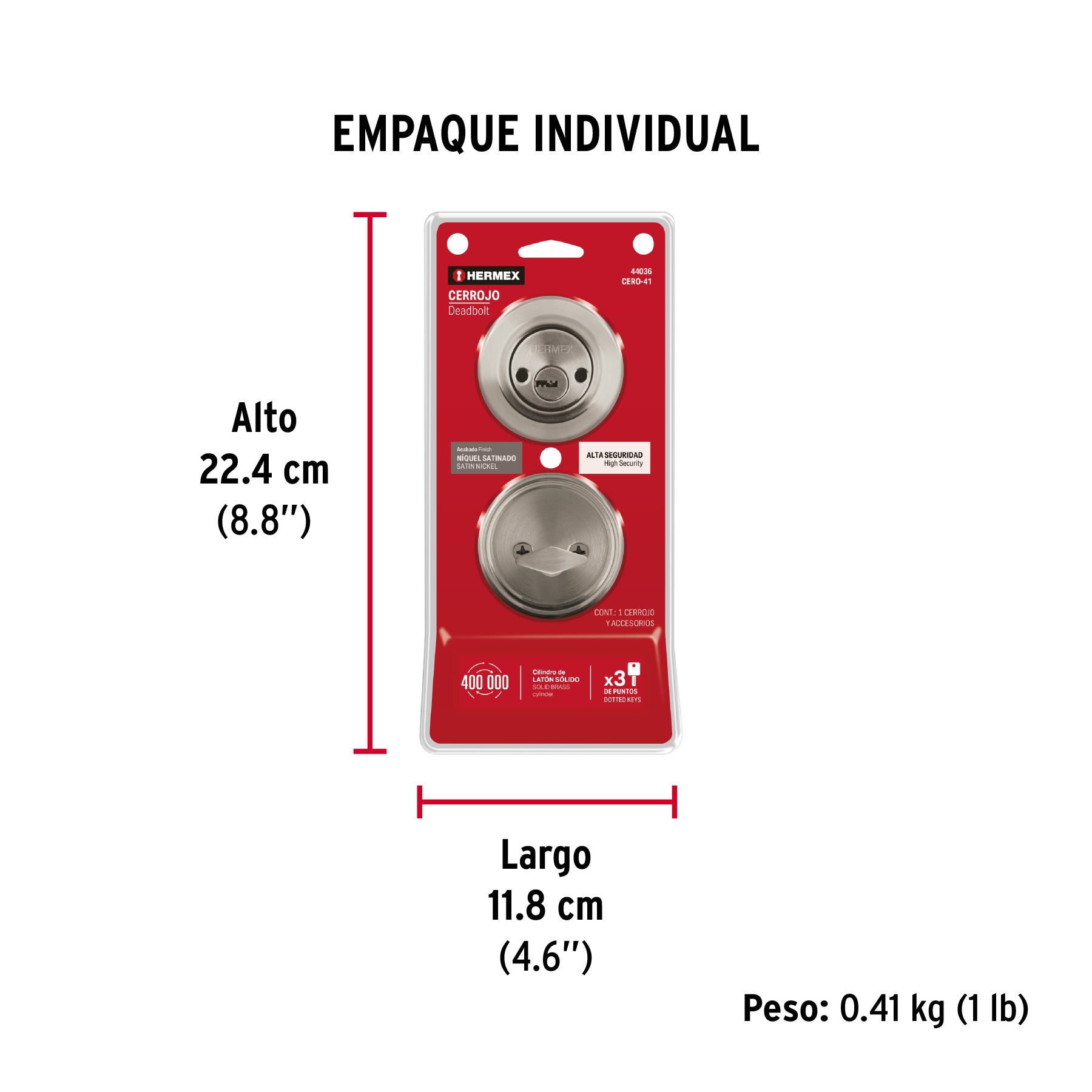 Cerrojo llave-mariposa níquel satinado, llave puntos, HERMEX - Empaque