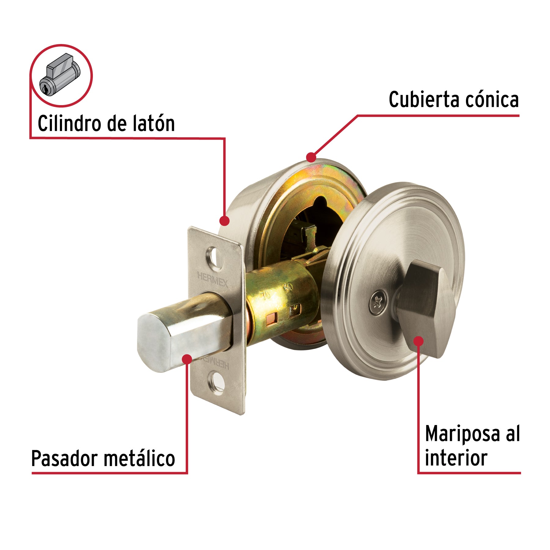 Cerrojo llave-mariposa níquel satinado, llave puntos, HERMEX
