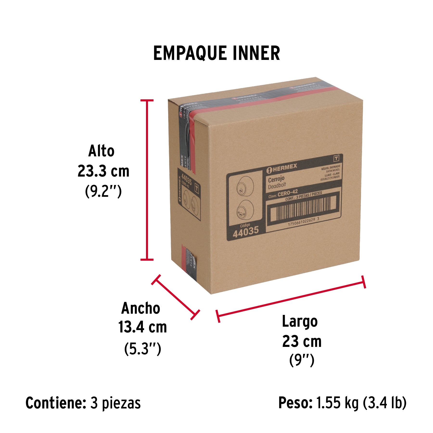 Cerrojo llave-llave níquel satinado, llave puntos, HERMEX - Empaque