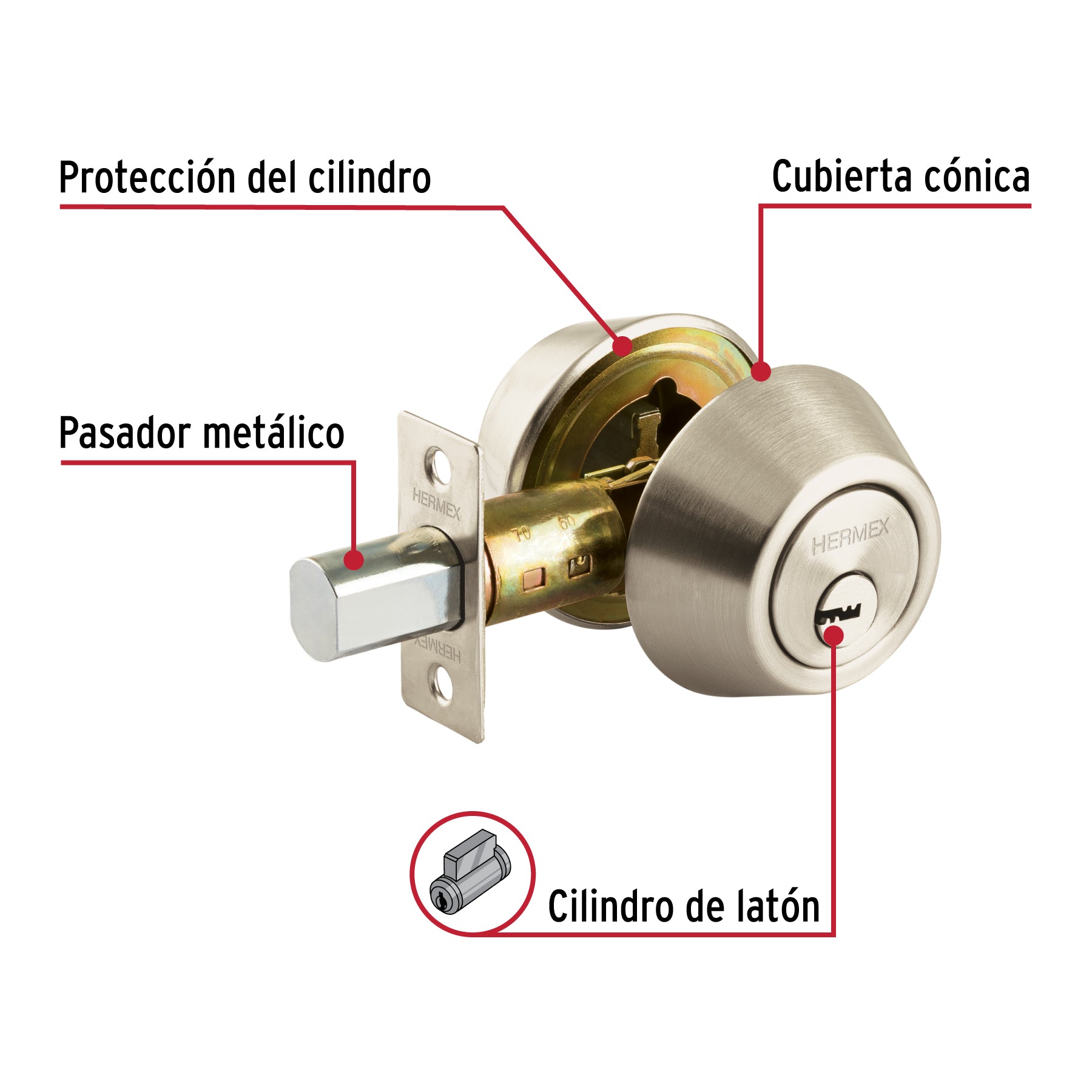 Cerrojo llave-llave níquel satinado, llave puntos, HERMEX