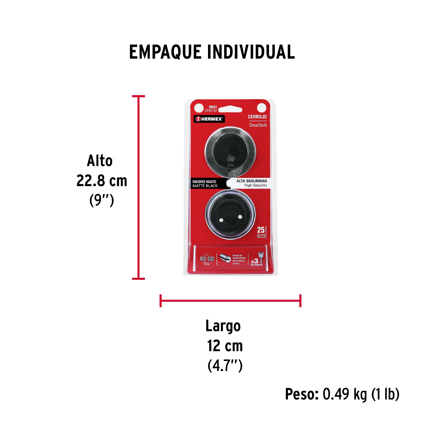 Cerrojo llave-llave negro, llave puntos, HERMEX - Empaque