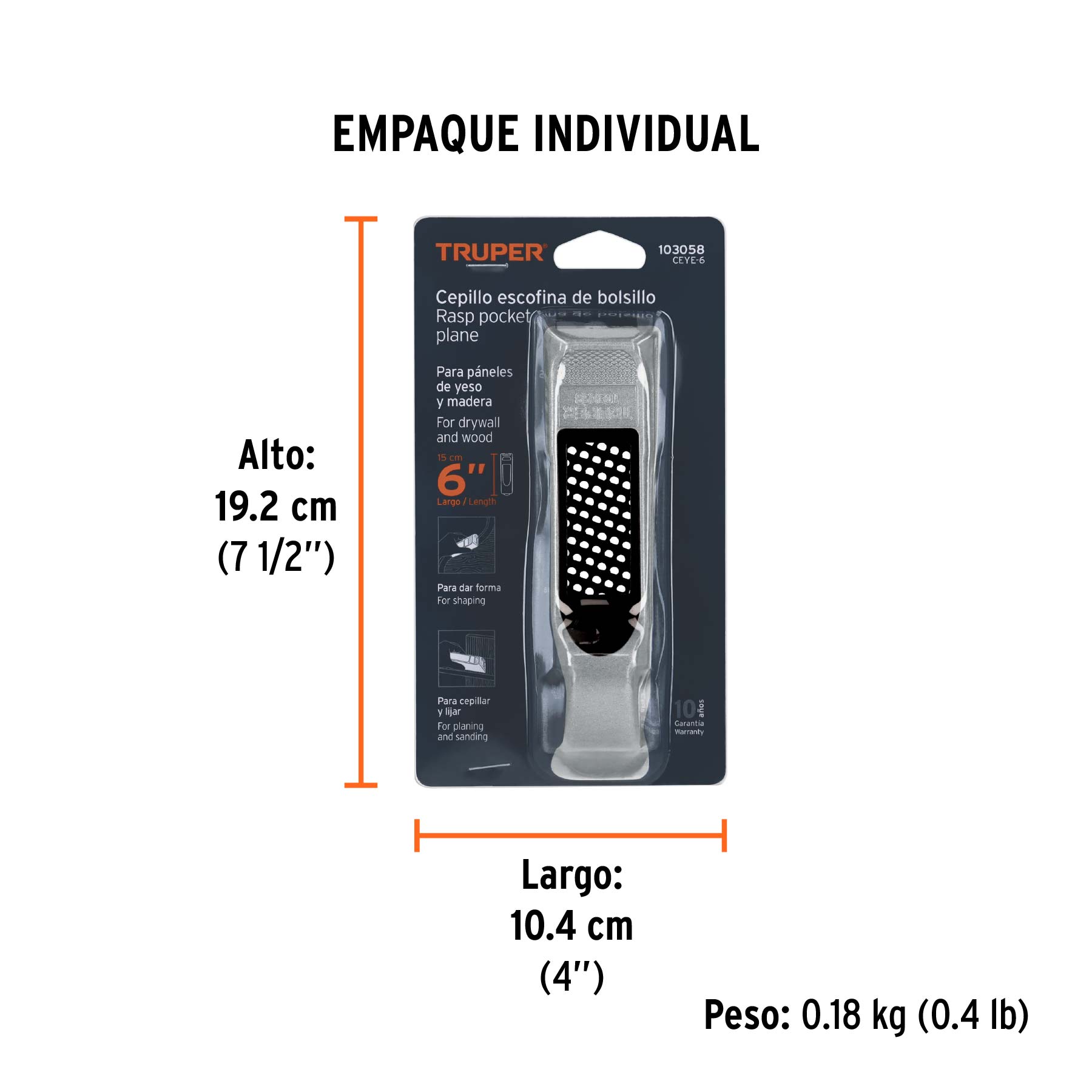 Cepillo escofina para muros de yeso, 6", TRUPER - Empaque