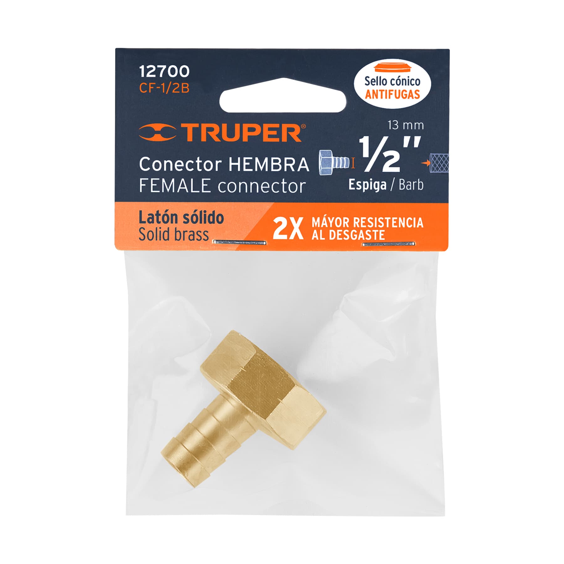 Conector 1/2" hembra de latón sólido para manguera, TRUPER