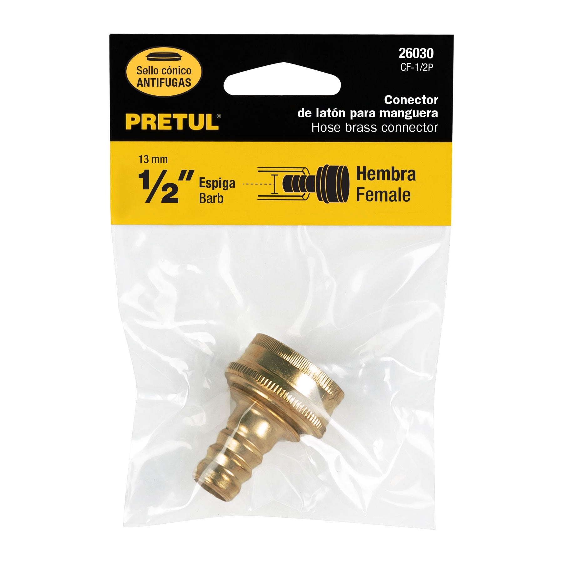 Conector 1/2" hembra de latón laminado, PRETUL