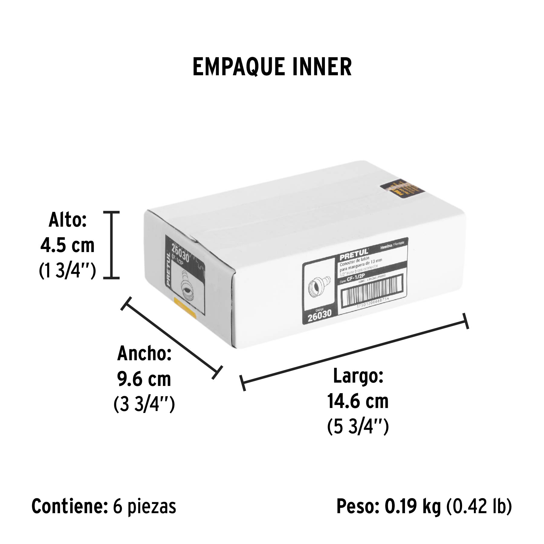 Conector 1/2" hembra de latón laminado, PRETUL - Empaque