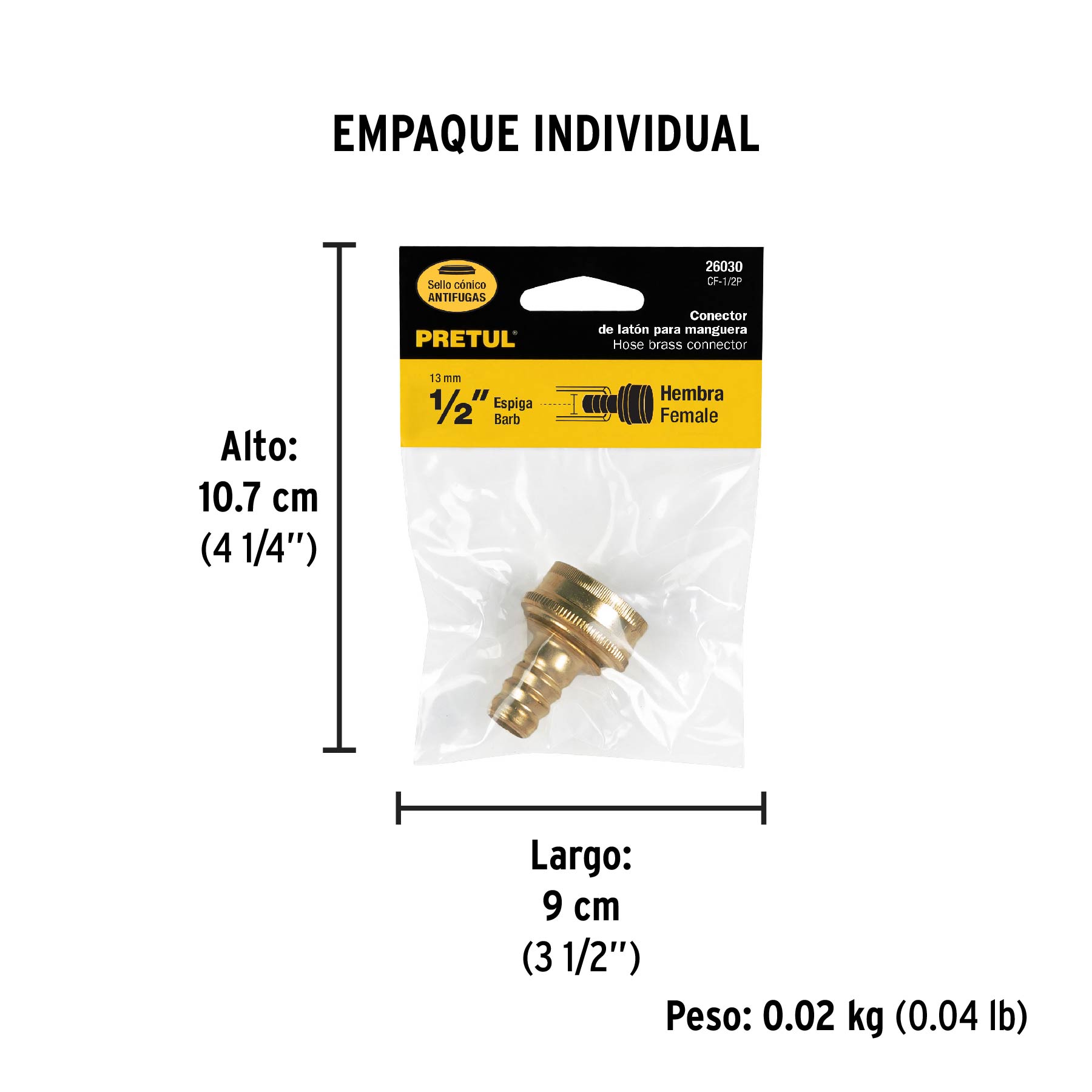 Conector 1/2" hembra de latón laminado, PRETUL - Empaque