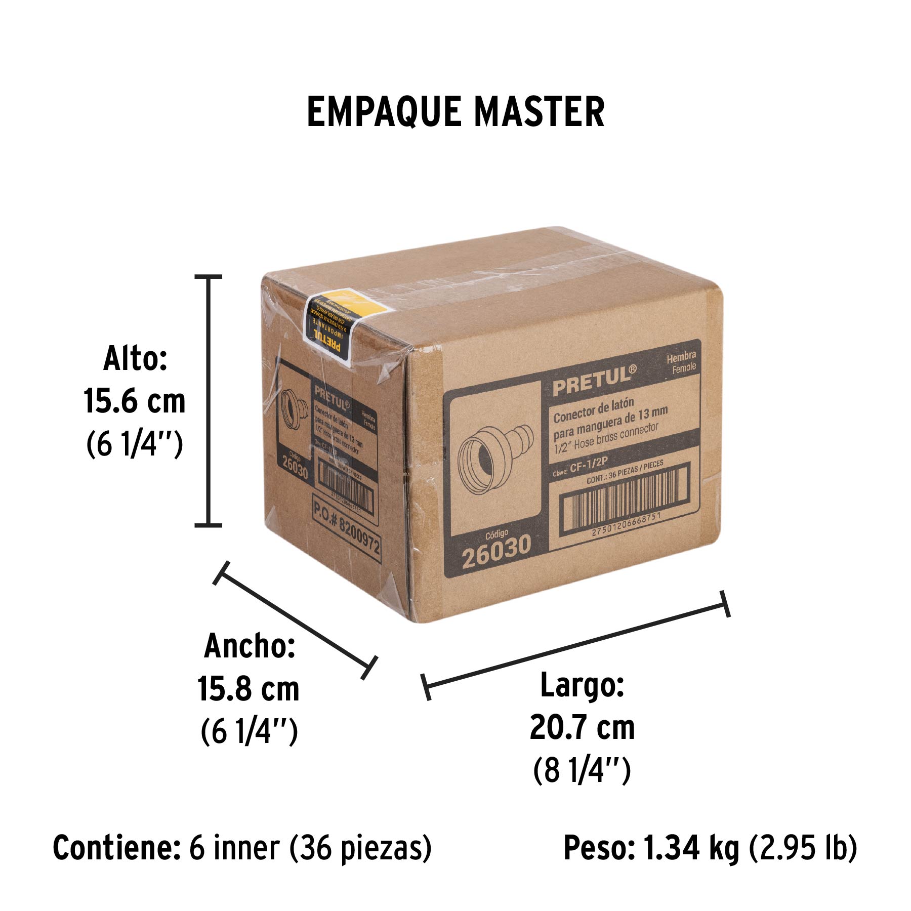 Conector 1/2" hembra de latón laminado, PRETUL - Empaque