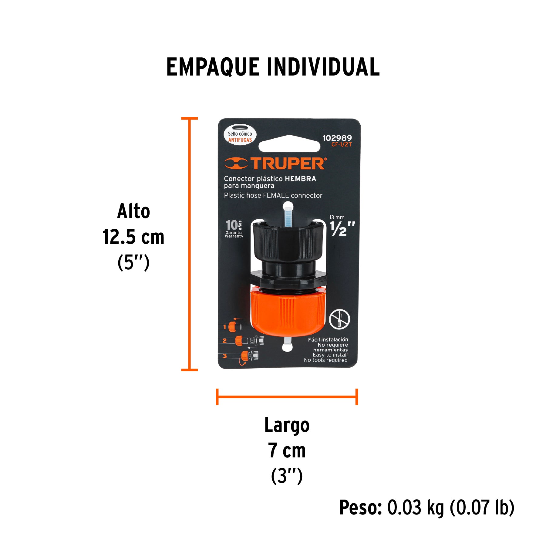 Conector 1/2" hembra de ABS con tuerca de ajuste manual - Empaque