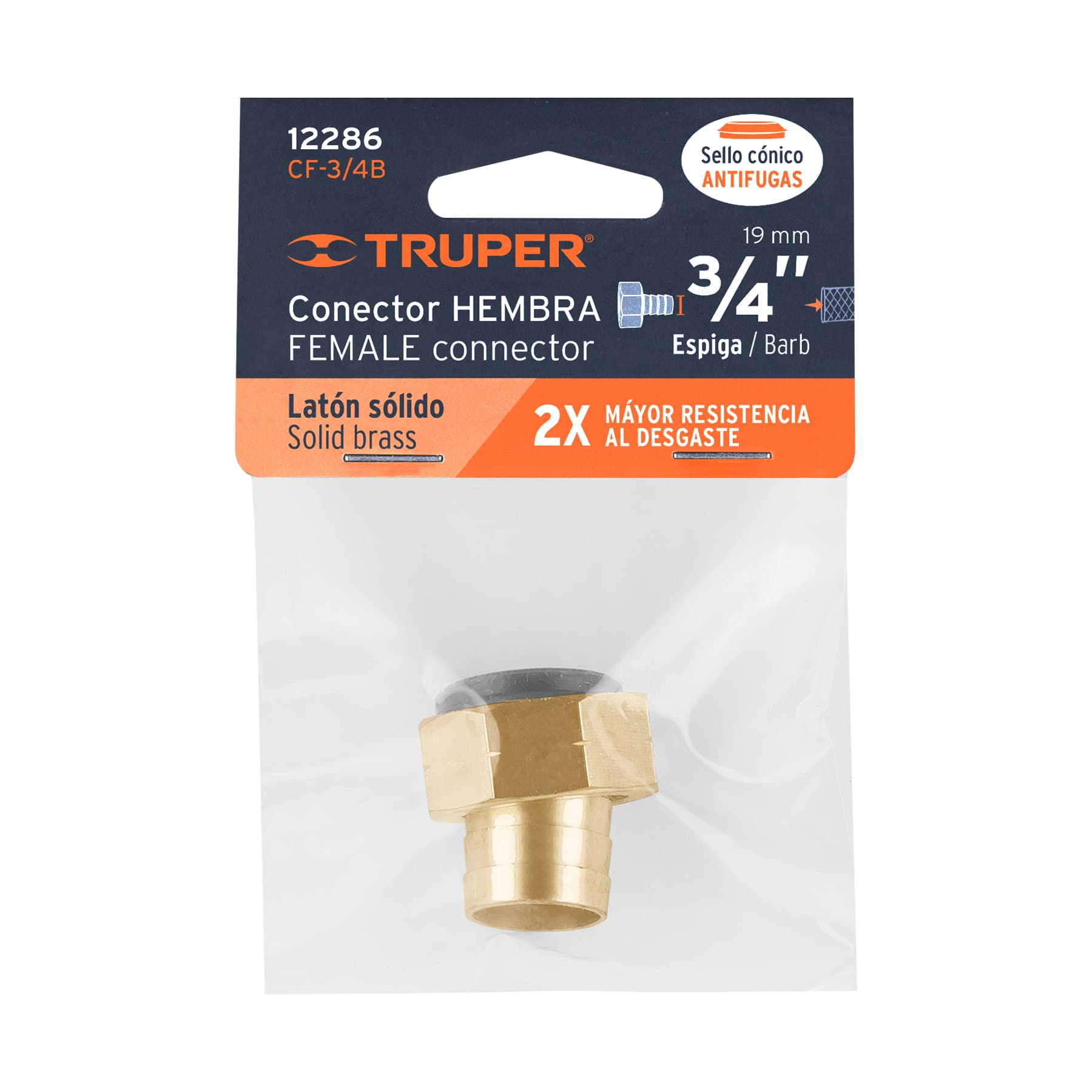 Conector 3/4" hembra de latón sólido para manguera, TRUPER