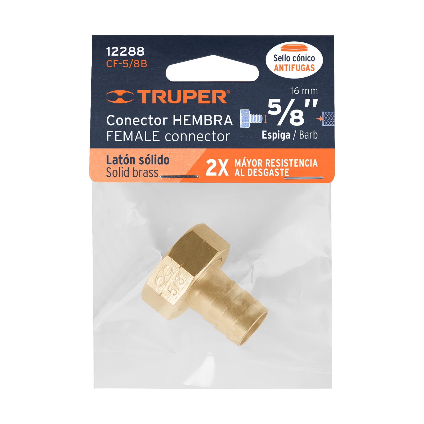 Conector 5/8" hembra de latón sólido para manguera, TRUPER