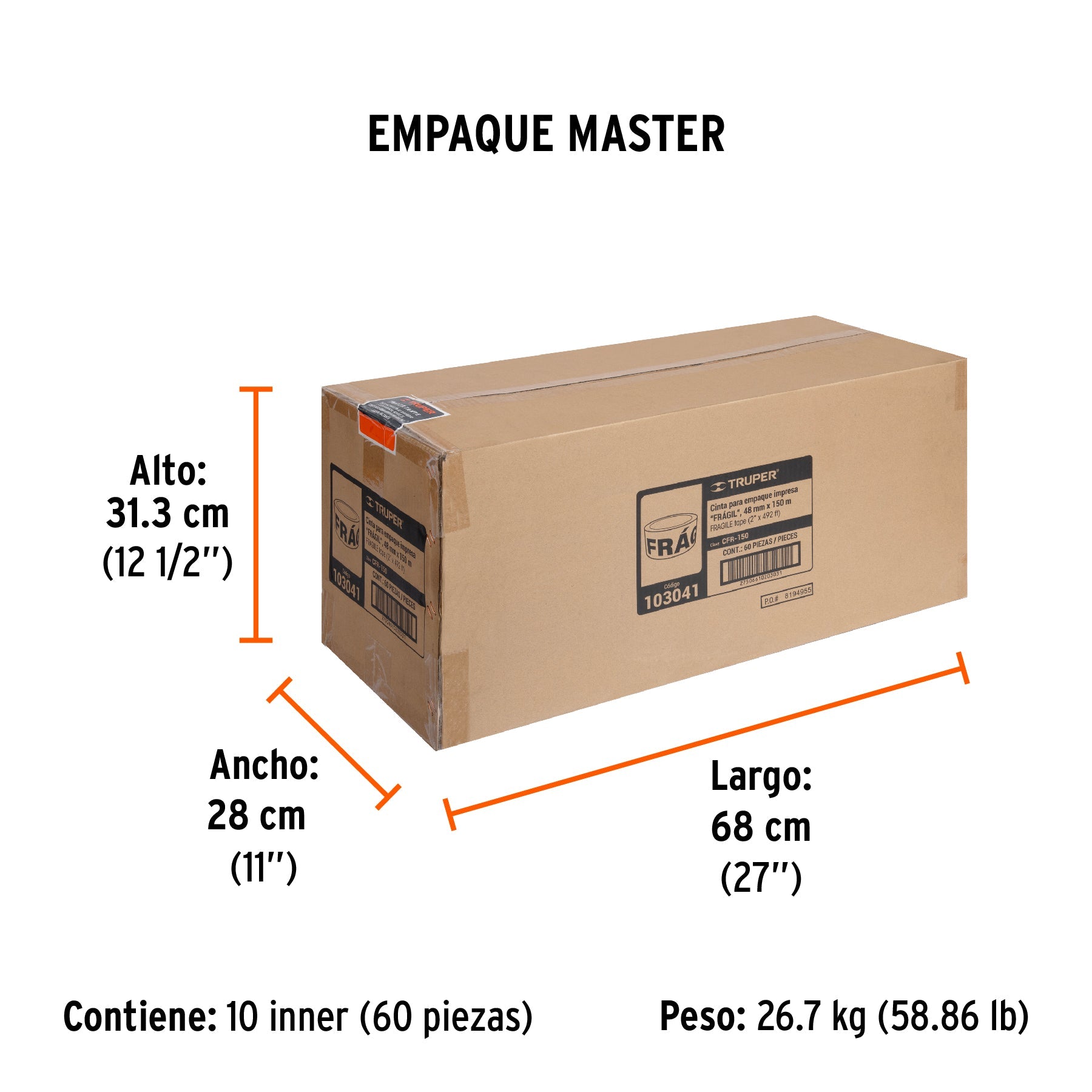 Cinta de empaque 48 mm x 150 m "Frágil", TRUPER - Empaque
