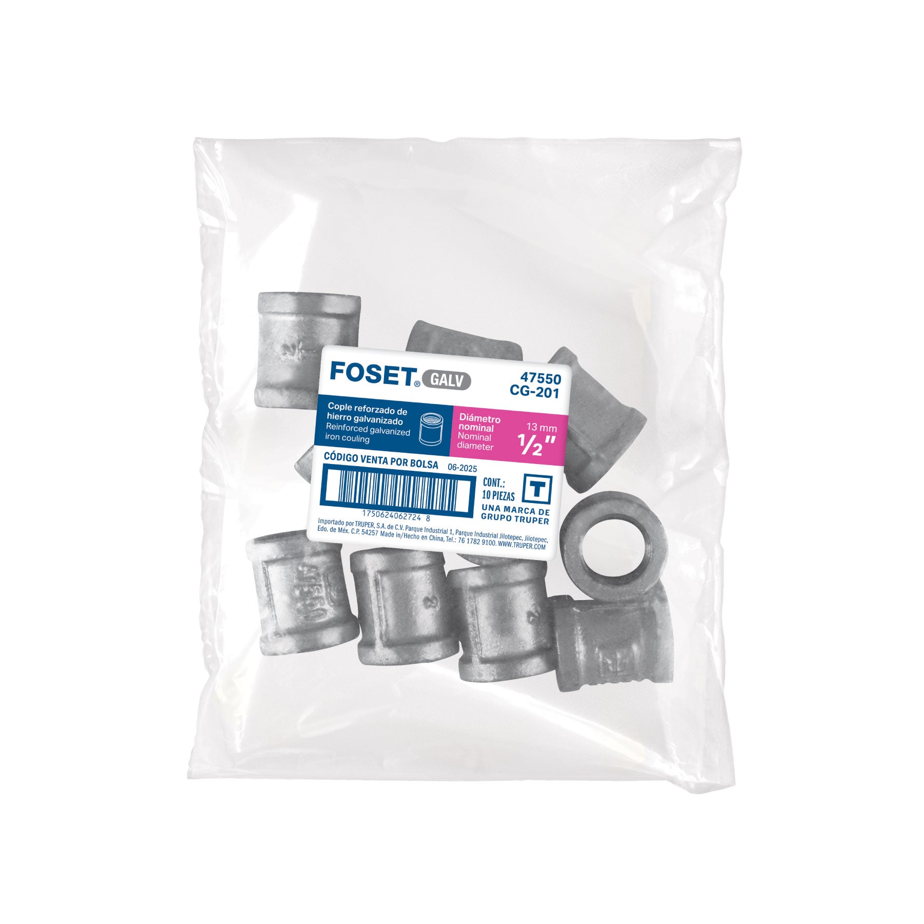 Cople reforzado de acero galvanizado de 1/2", FOSET