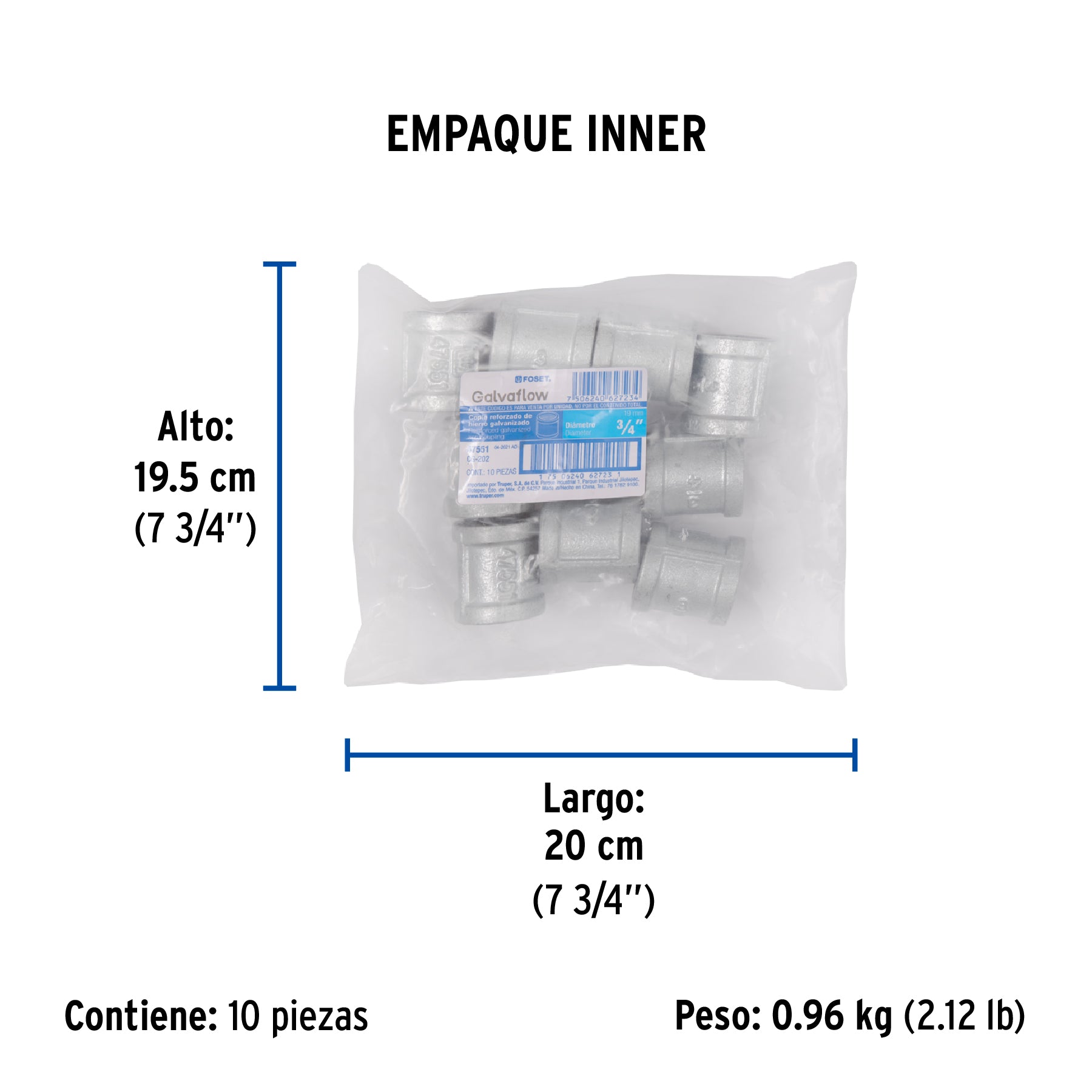 Cople reforzado de acero galvanizado de 3/4", FOSET - Empaque
