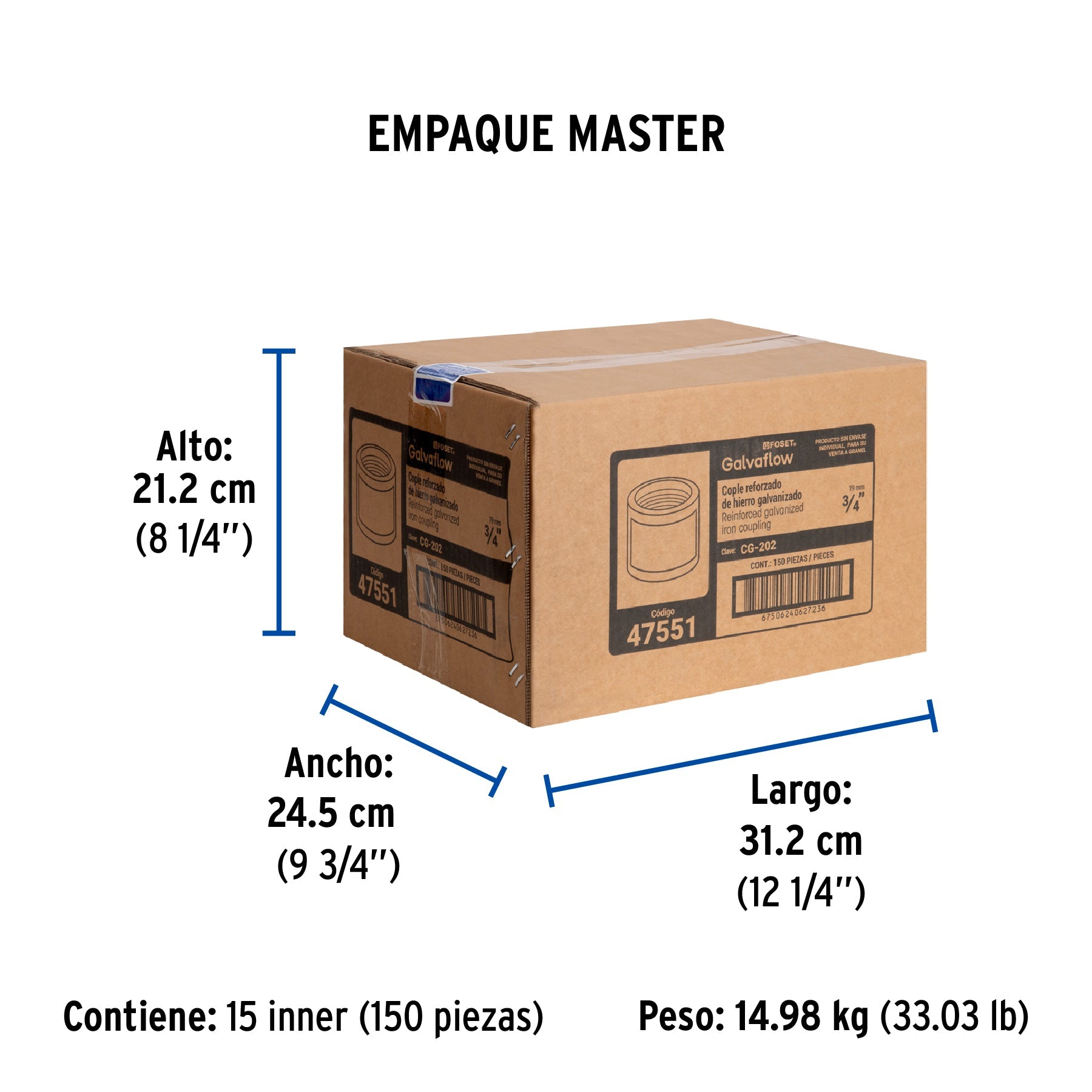 Cople reforzado de acero galvanizado de 3/4", FOSET - Empaque