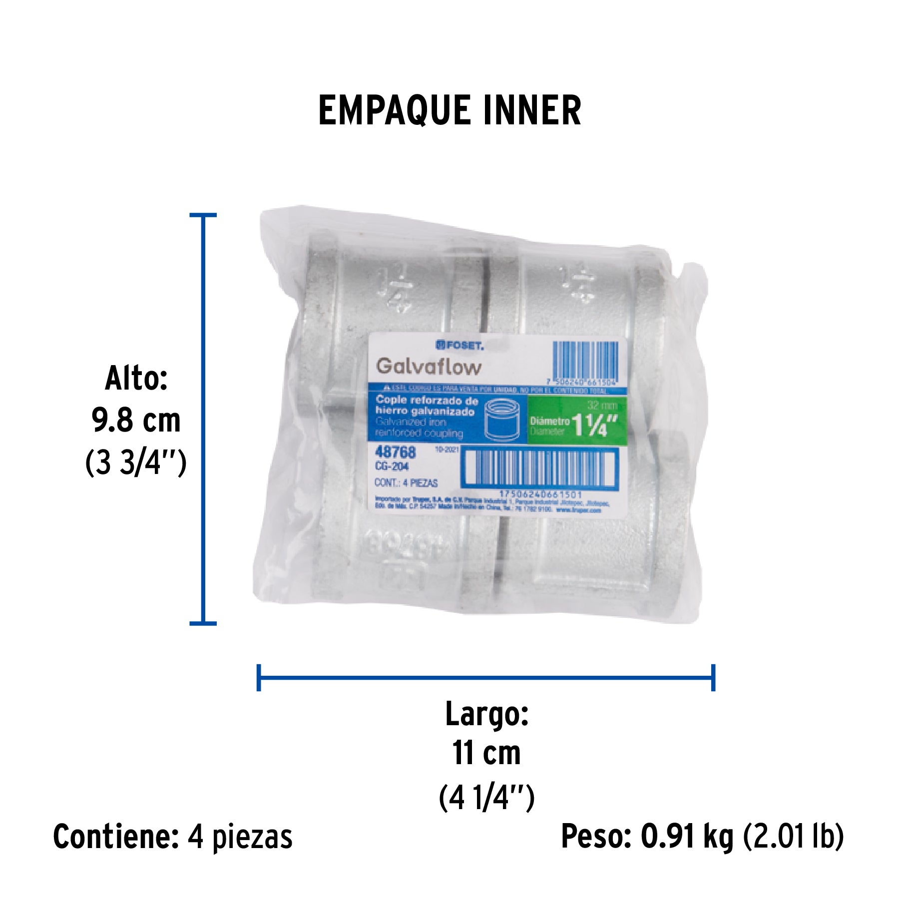 Cople reforzado de acero galvanizado de 1-1/4", FOSET - Empaque