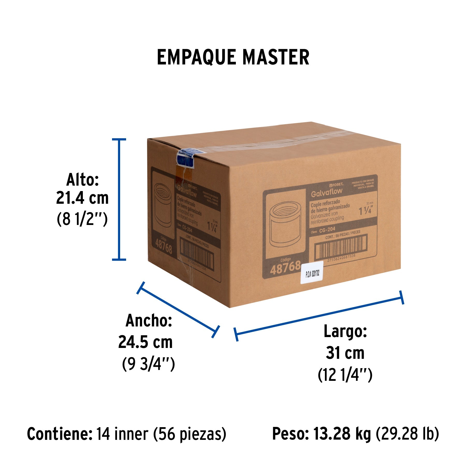 Cople reforzado de acero galvanizado de 1-1/4", FOSET - Empaque