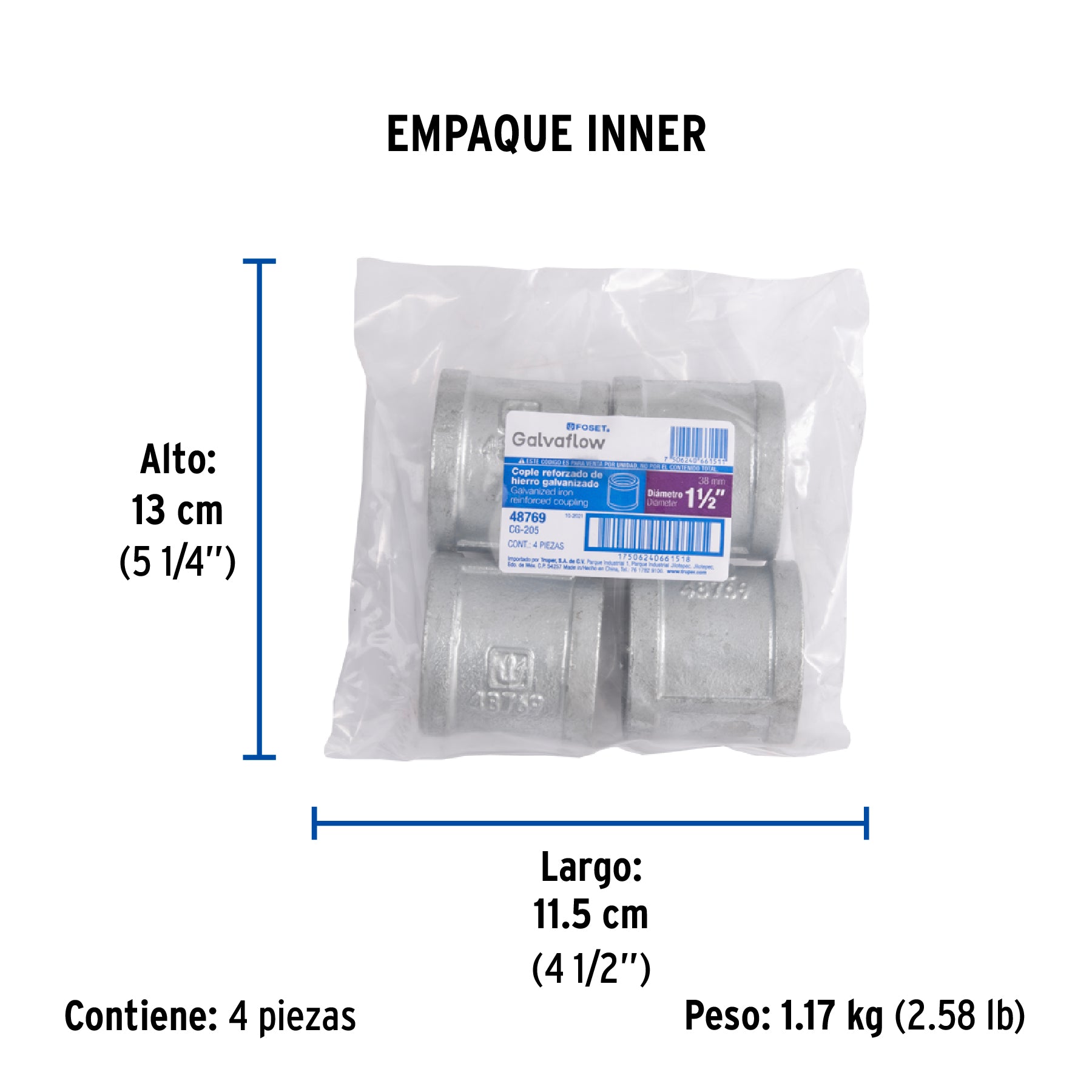 Cople reforzado de acero galvanizado de 1-1/2", FOSET - Empaque