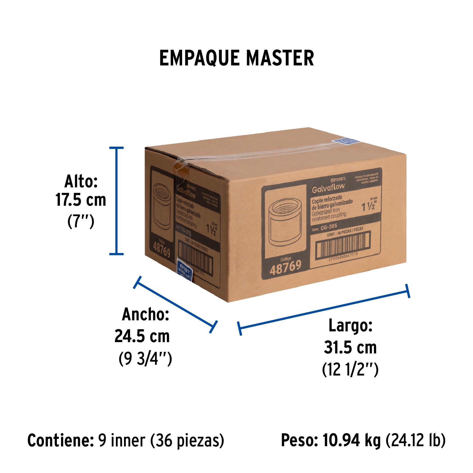 Cople reforzado de acero galvanizado de 1-1/2", FOSET - Empaque