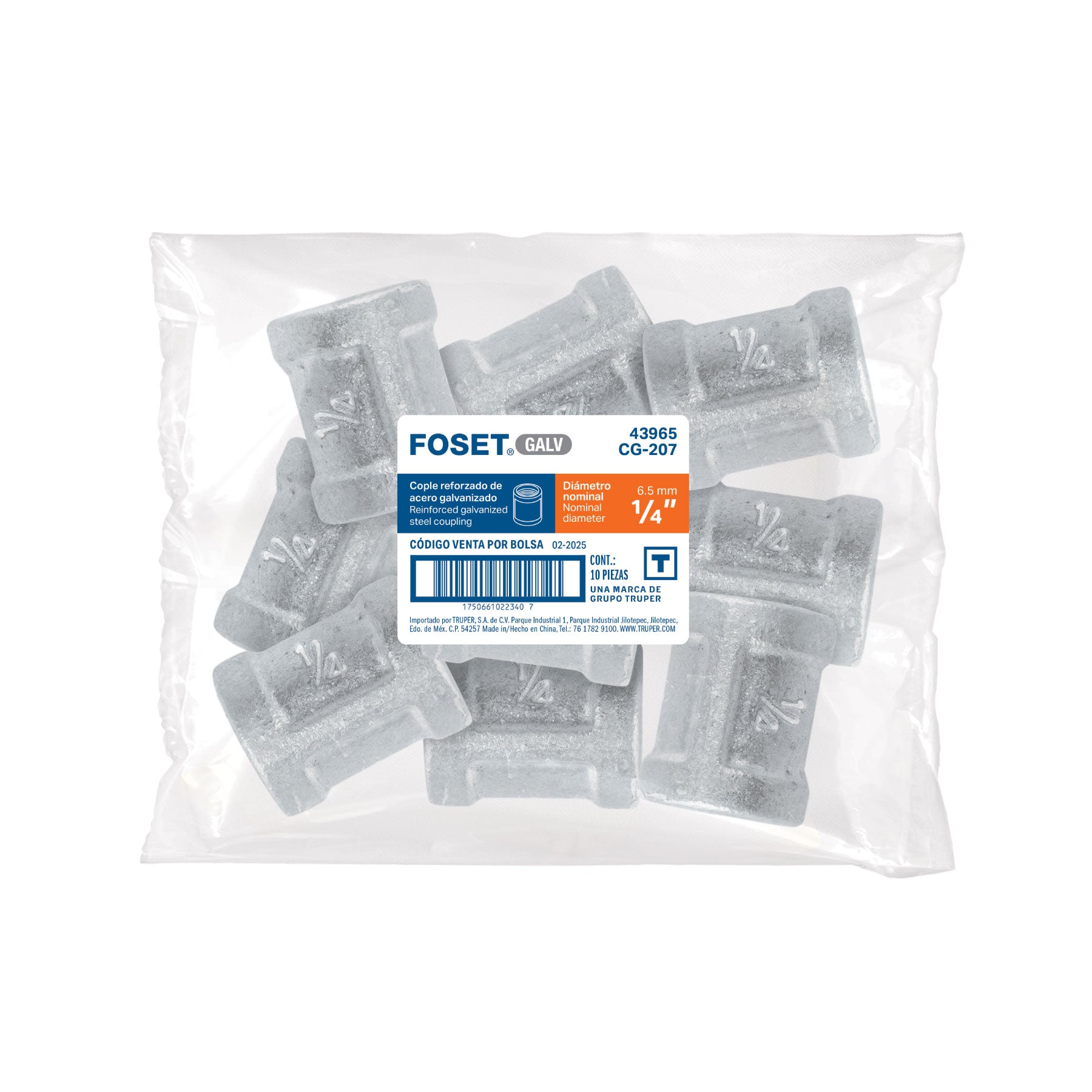 Cople reforzado de acero galvanizado de 1/4", FOSET