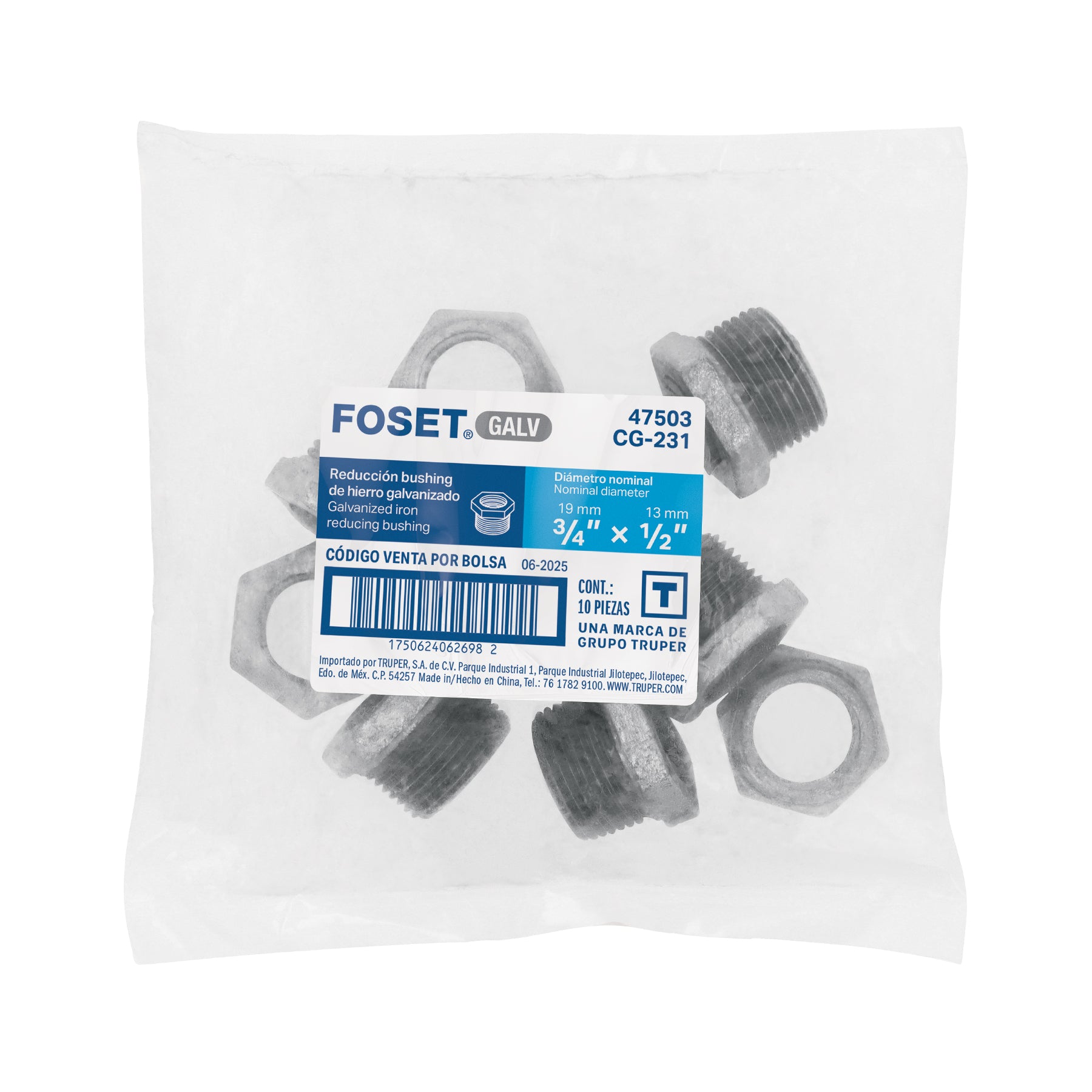 Reducción bushing acero galvanizado 3/4 x 1/2", FOSET