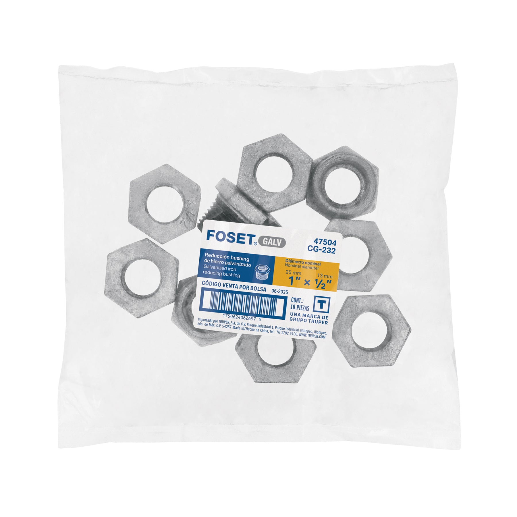 Reducción bushing acero galvanizado 1"x1/2", FOSET