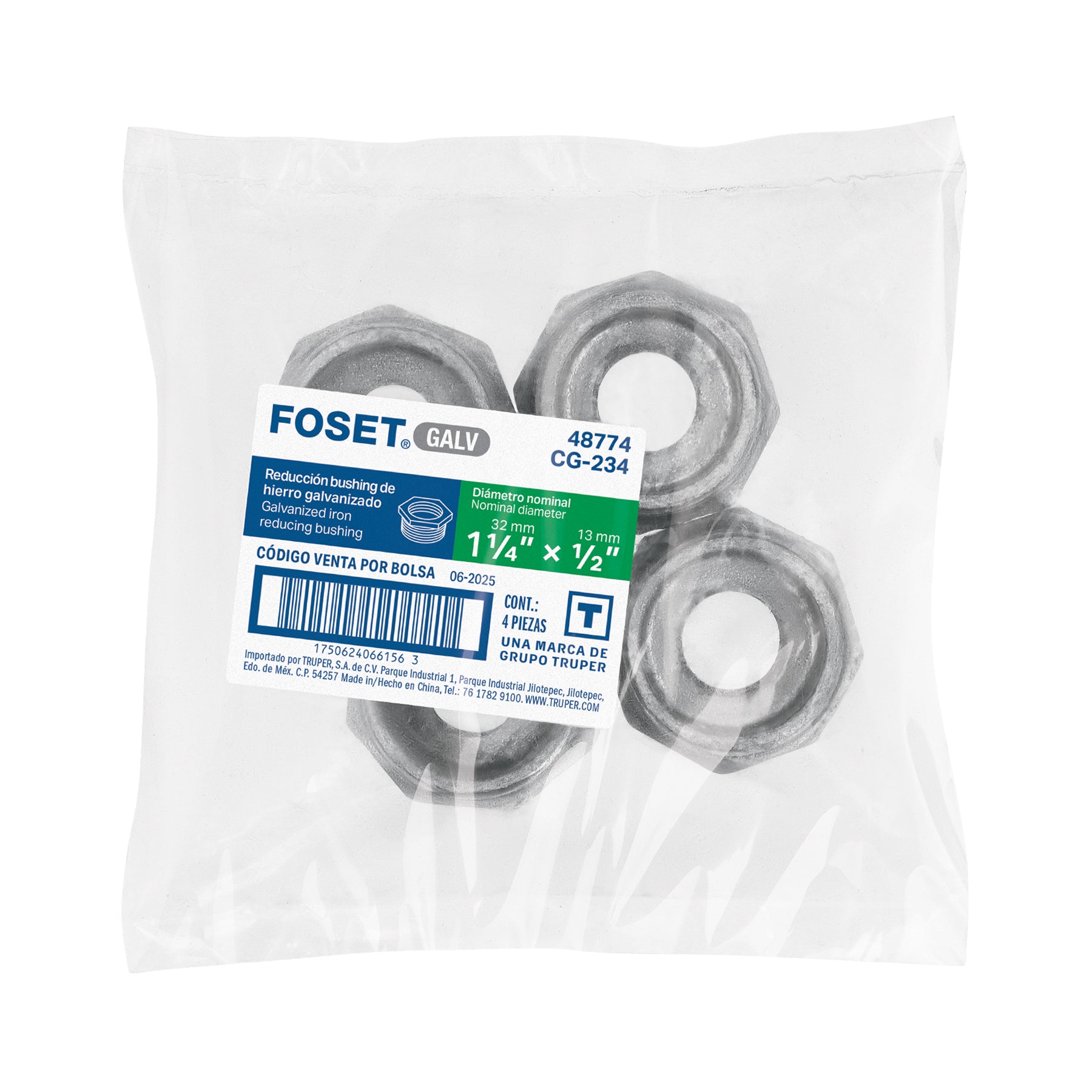 Reducción bushing acero galvanizado 1-1/4 x 1/2", FOSET