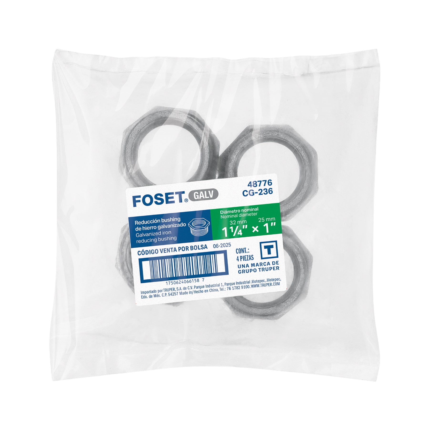 Reducción bushing acero galvanizado 1-1/4 x 1", FOSET
