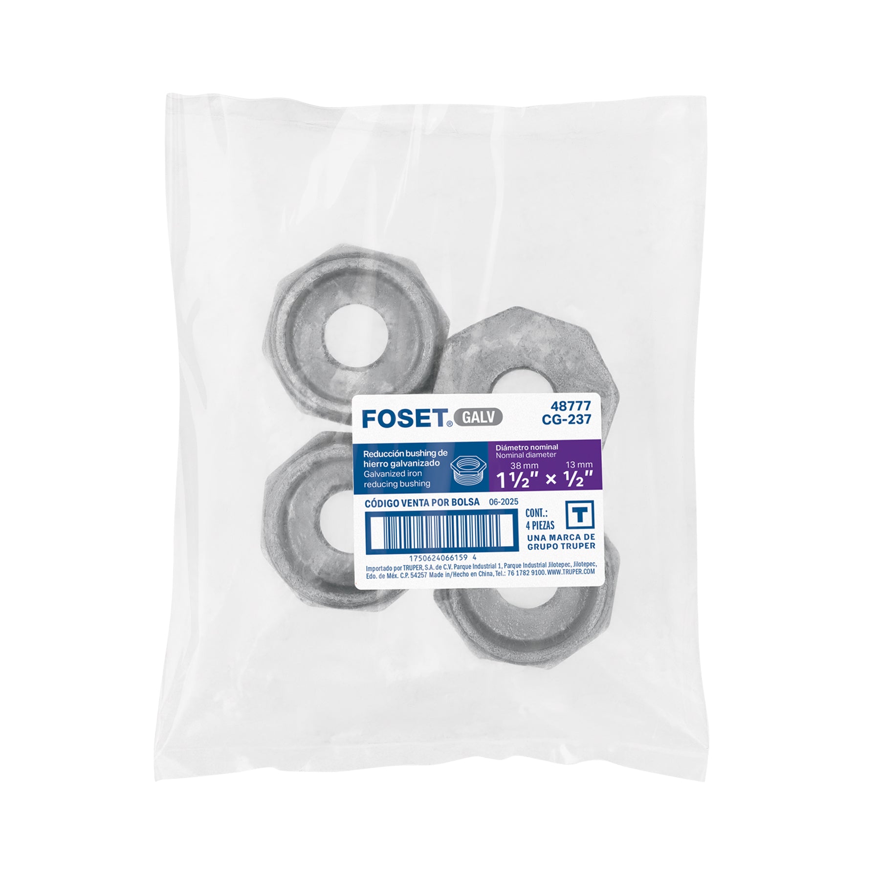 Reducción bushing acero galvanizado 1-1/2 x 1/2", FOSET