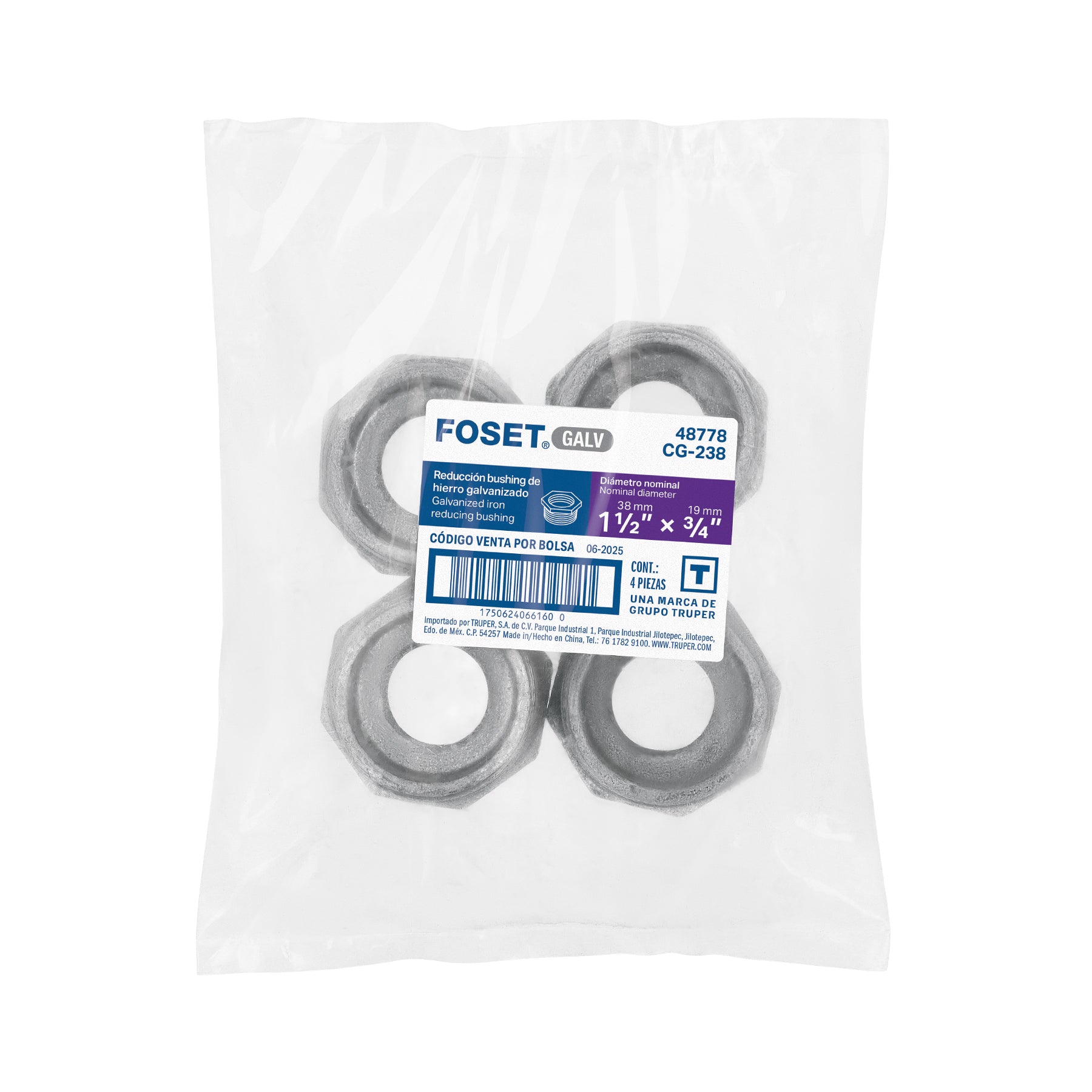 Reducción bushing acero galvanizado 1-1/2 x 3/4", FOSET