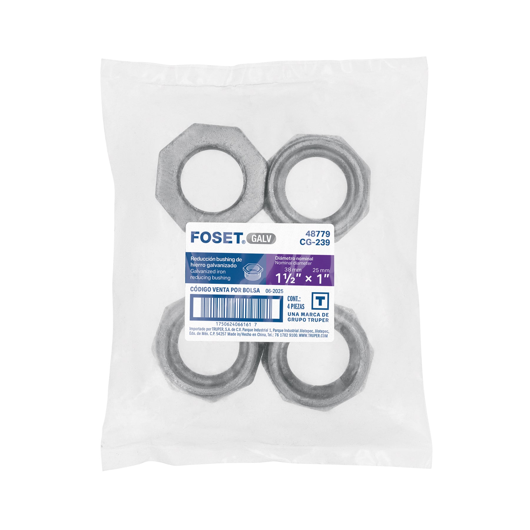 Reducción bushing acero galvanizado 1-1/2 x 1", FOSET