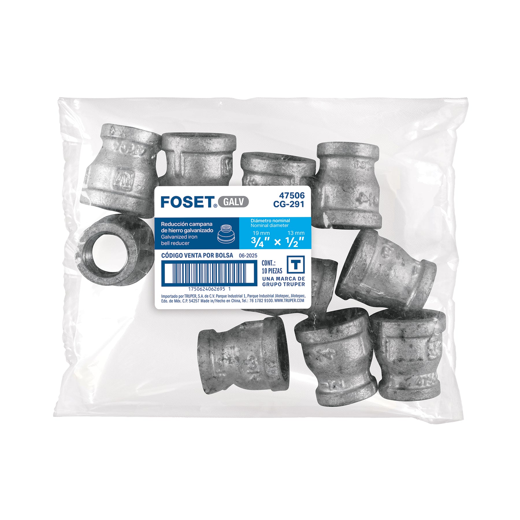 Reducción campana acero galvanizado 3/4" x 1/2", FOSET
