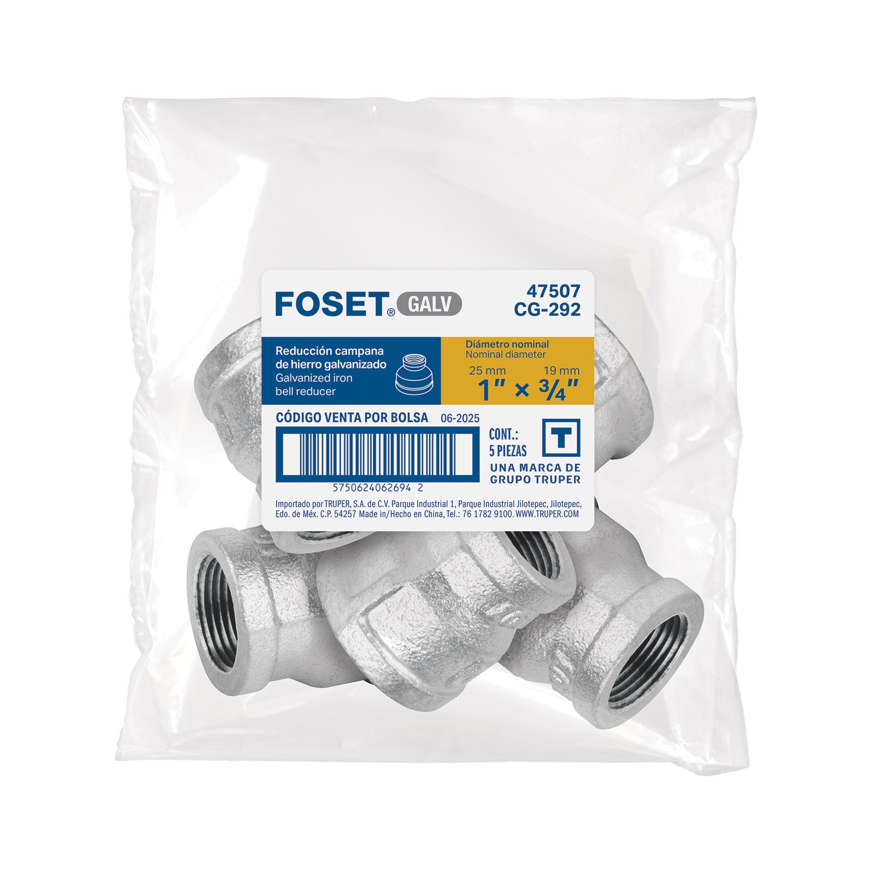 Reducción campana acero galvanizado 1" x 3/4", FOSET