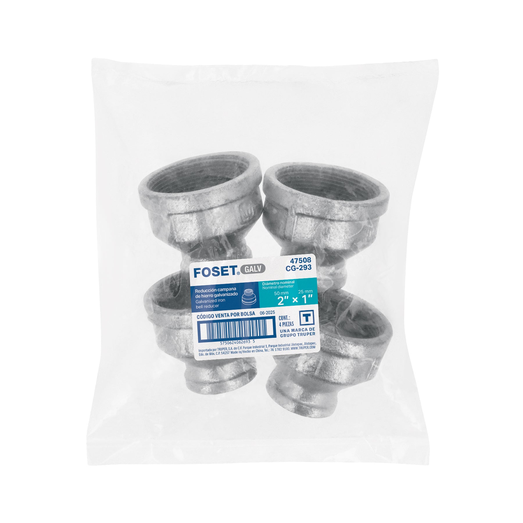 Reducción campana acero galvanizado 2" x 1", FOSET