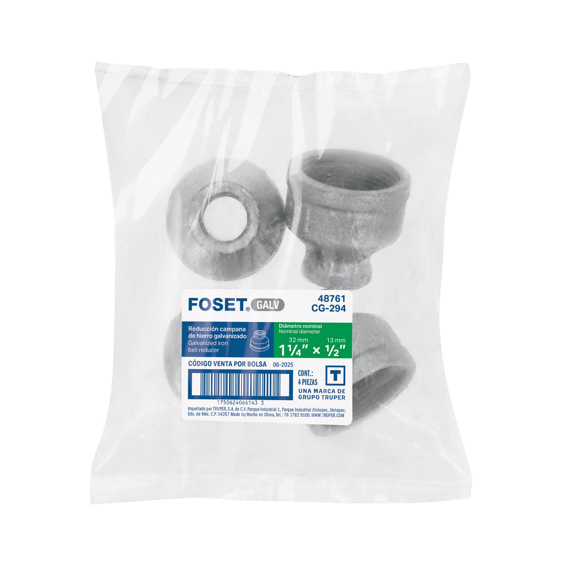 Reducción campana acero galvanizado 1-1/4" x 1/2", FOSET