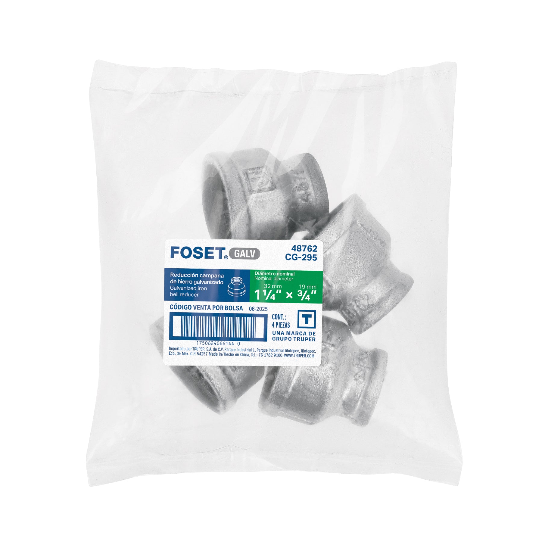 Reducción campana acero galvanizado 1-1/4" x 3/4", FOSET