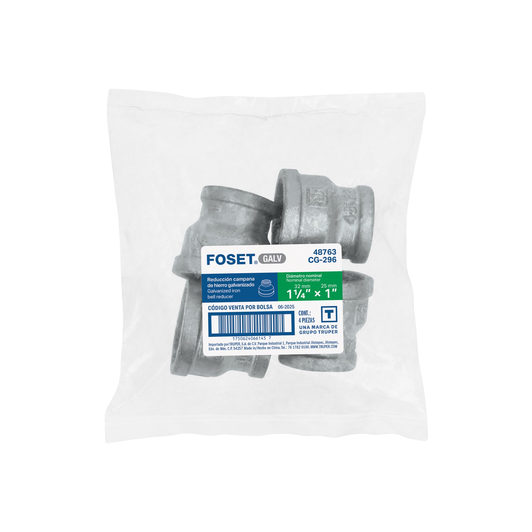 Reducción campana acero galvanizado 1-1/4" x 1", FOSET